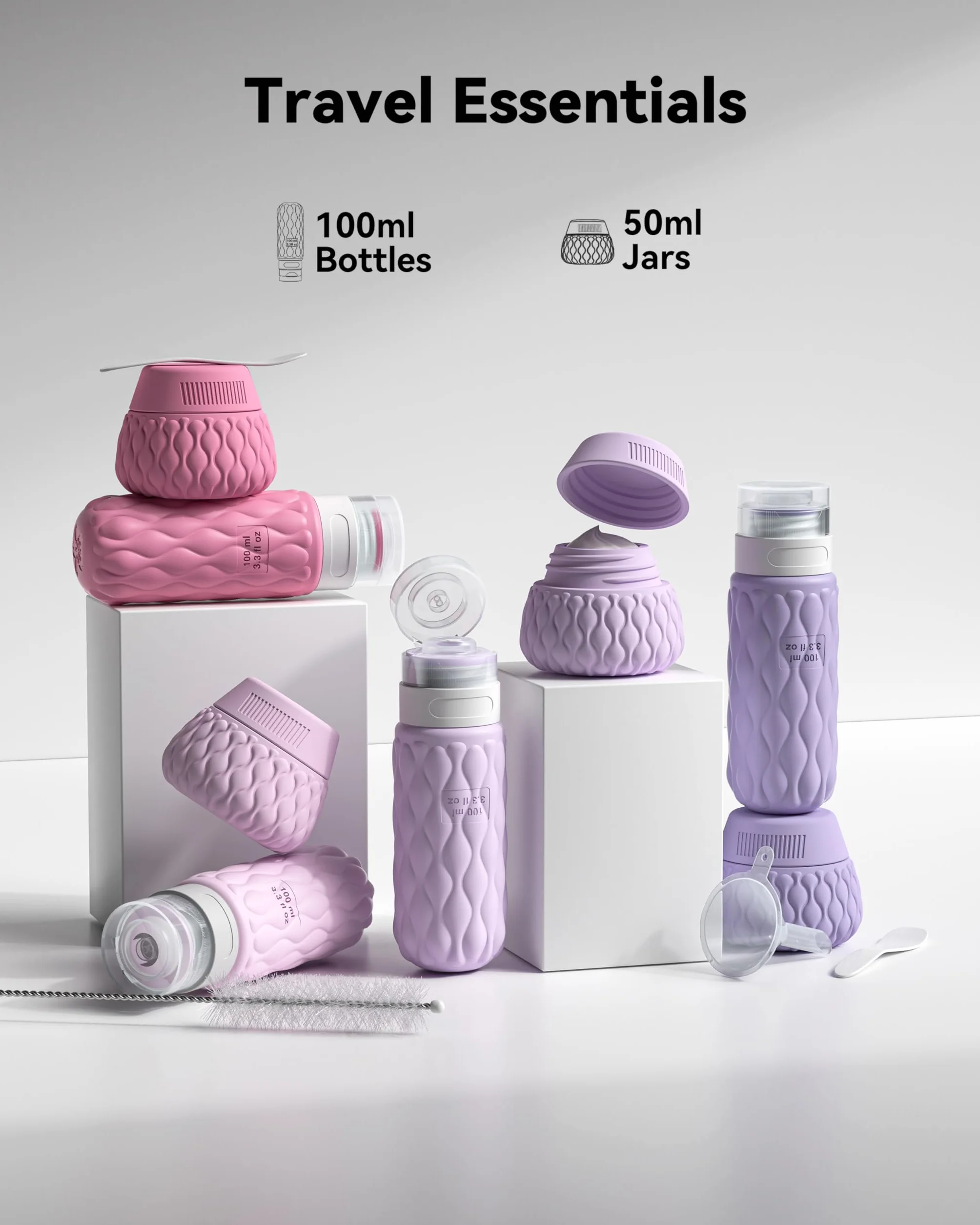 8 Sztuk Podróży Silikonowe, 100ml/50ml Butelki Podróżne na Przybory Toaletowe, Szczelne Pojemniki Podróżne z Możliwością Wielokrotnego Napełniania na Szampon, Balsam, Kremy, Kosmetyki