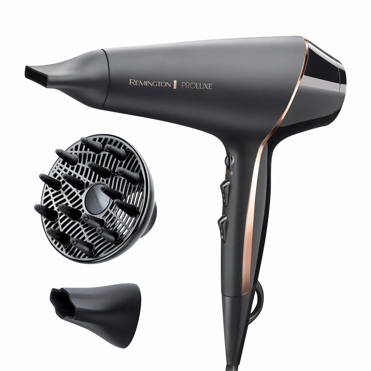 Remington suszarka do włosów z jonizacją, inteligentna tech. OptiHeat - utrwala fryzurę do 24h, 2 koncentratory i dyfuzor, lekka, zimny nawiew, moc 2400W, 150 km/h, PROluxe Midnight AC9140B