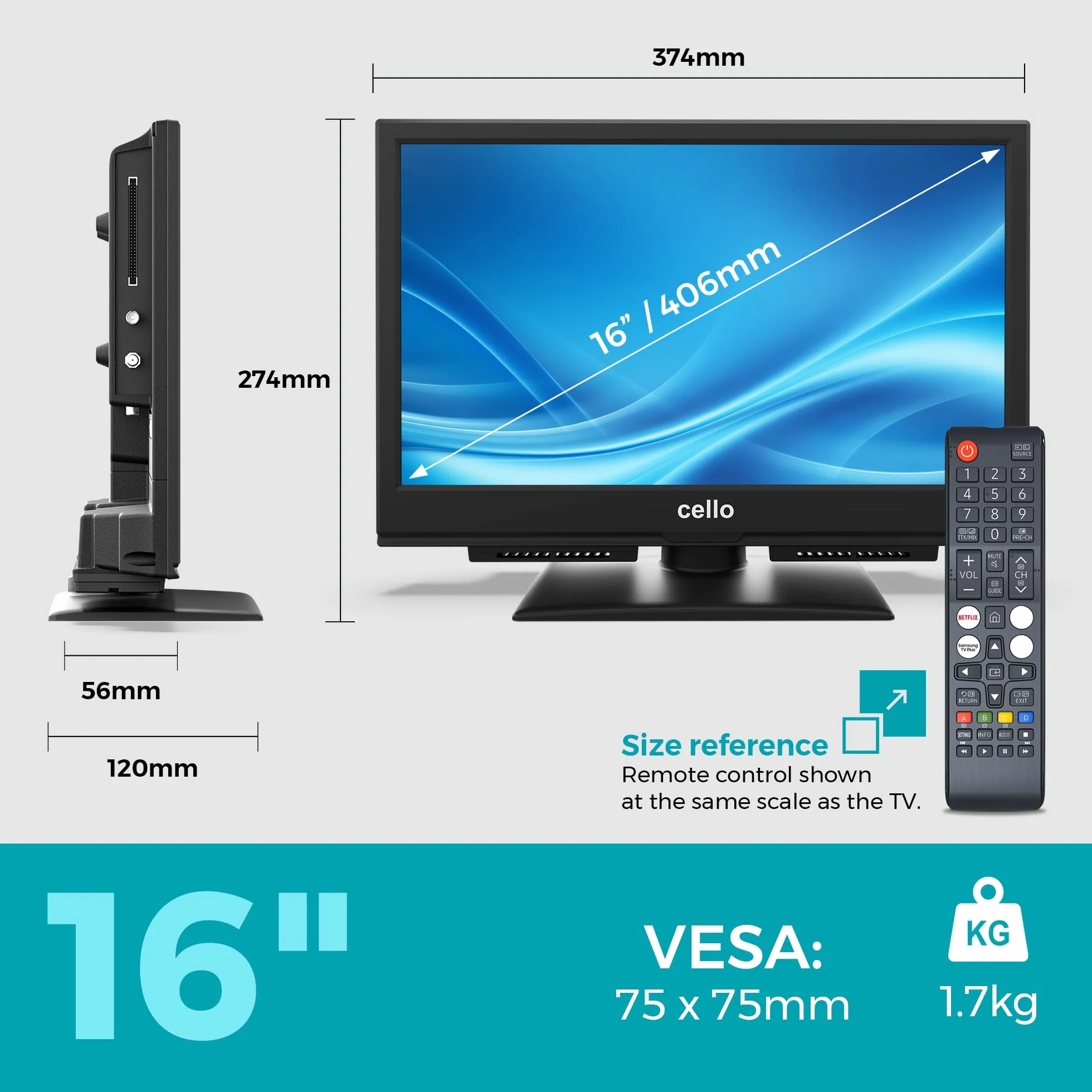 Cello C1626TZH 16" Smart TV z Tizen OS, Cloud gaming, Bluetooth, dźwięk "Pitch Perfect", idealny do kuchni, mieszkań i kompaktowych pomieszczeń, zasilanie sieciowe, potrójny tuner