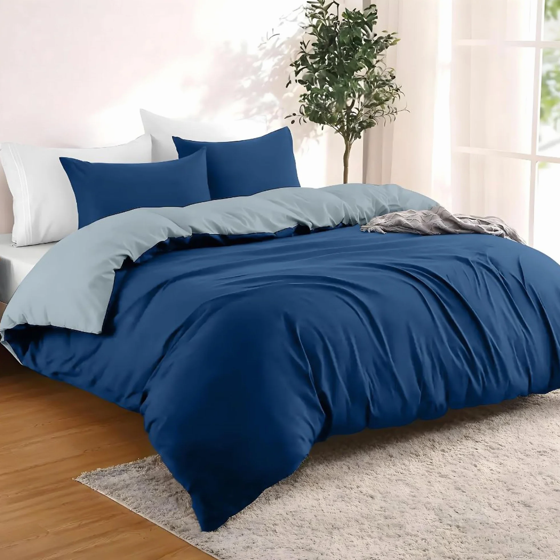 Dreamzie - Poszwa na kołdrę 240x220 cm z 2 poszewkami na poduszki 80x80 cm - Ciemnoniebieski/Niebieskoszary - Zestaw pościeli 240x220 ze 100% mikrofibry - 3 sztuki - Oeko TEX