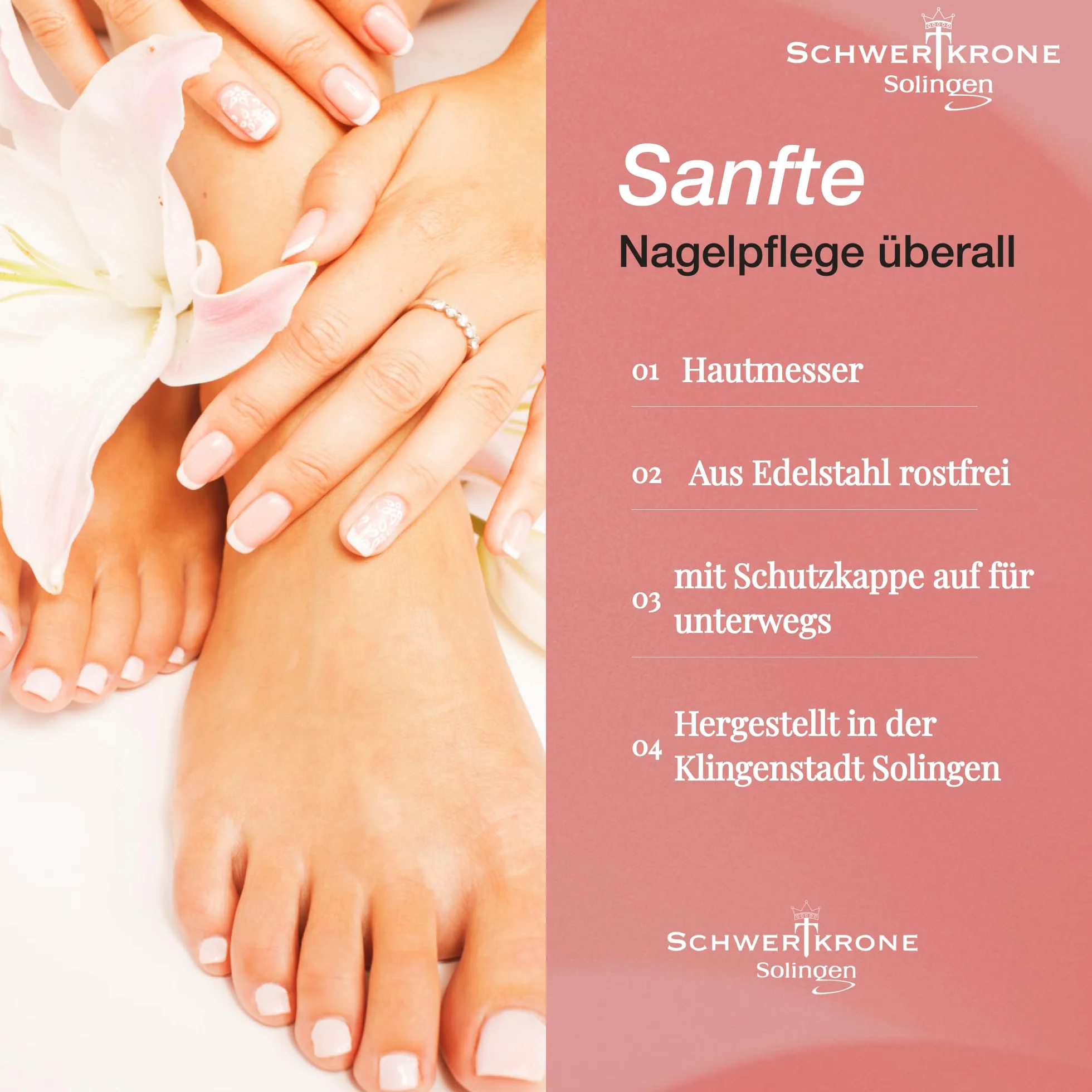 Schwertkrone® Solingen nóż do usuwania skórek z ostrzem w kształcie litery V, z nasadką ochronną – Made in Germany