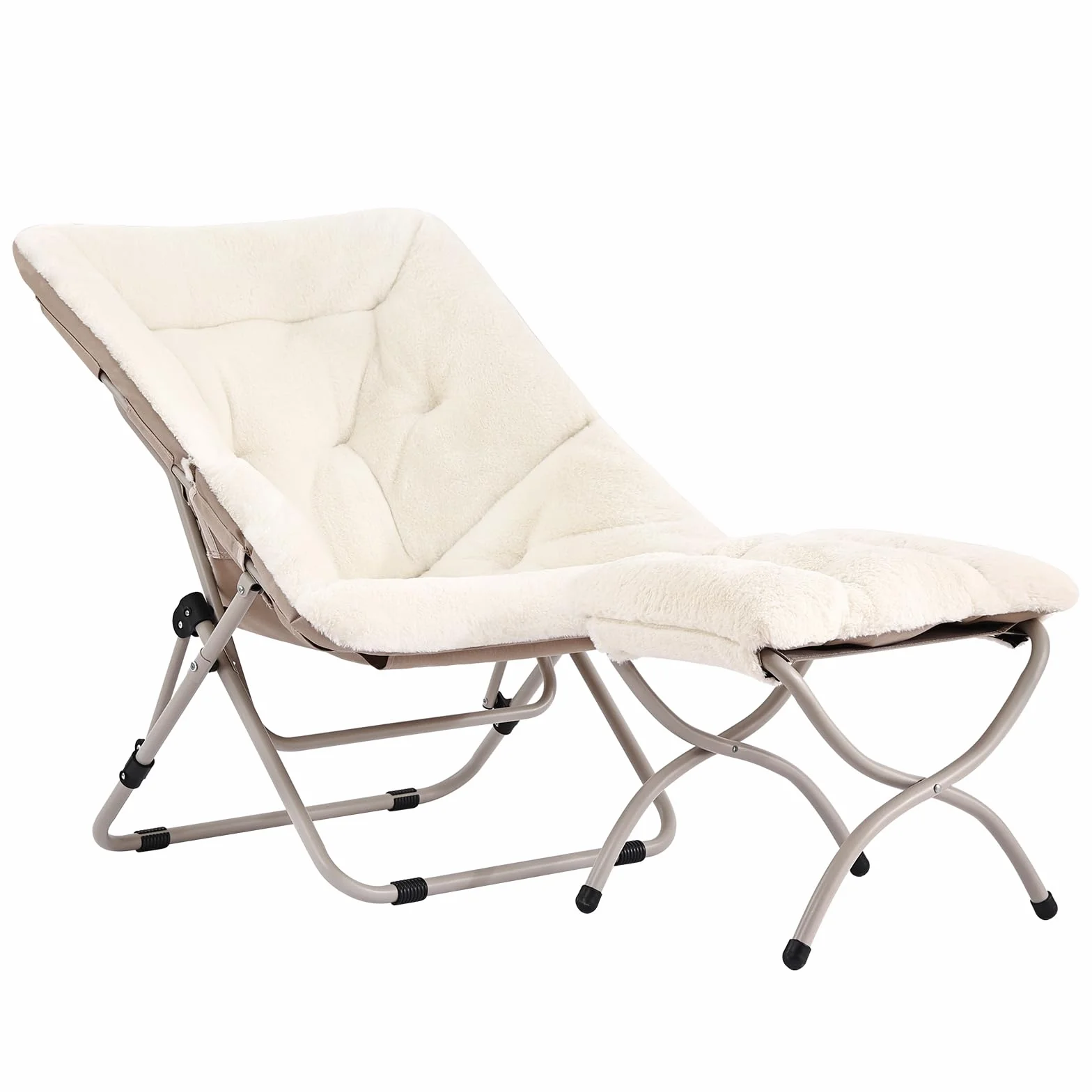 Welnow Comfy Saucer Chair with Otoman, Oversized Folding Fur Chair Soft Furry Lounge Lazy Chair with Metal Frame Moon Chair Accent Chair for Bedroom, Living Room, Dorm Rooms, Beige
