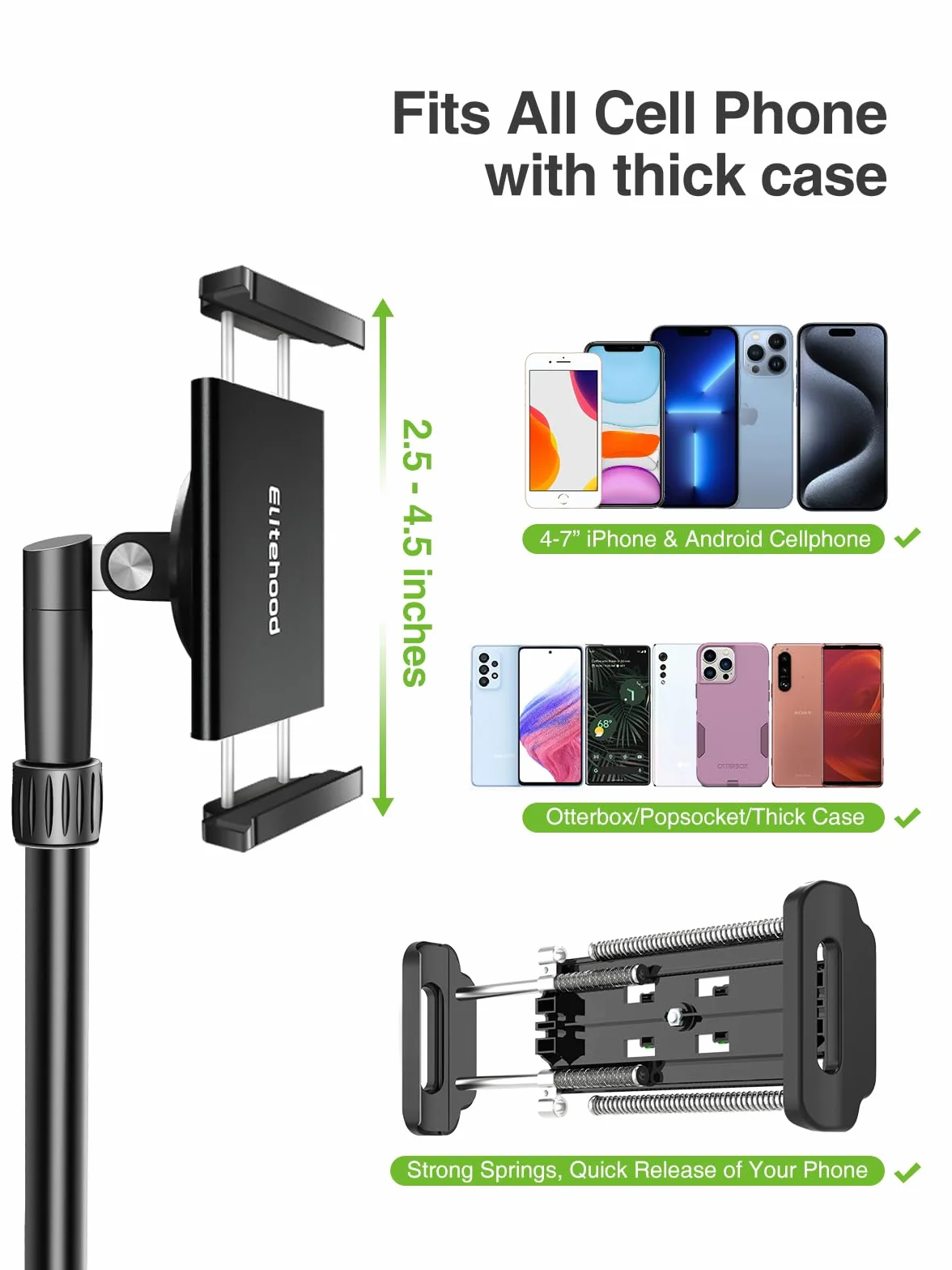 elitehood Statyw do telefonu do nagrywania wideo z góry – ulepszony poziomy regulowany statyw 150 cm do iPhone'a z 64 cm długim wysuwanym ramieniem, obrotowy o 360° uchwyt stojaka na iPhone'a do