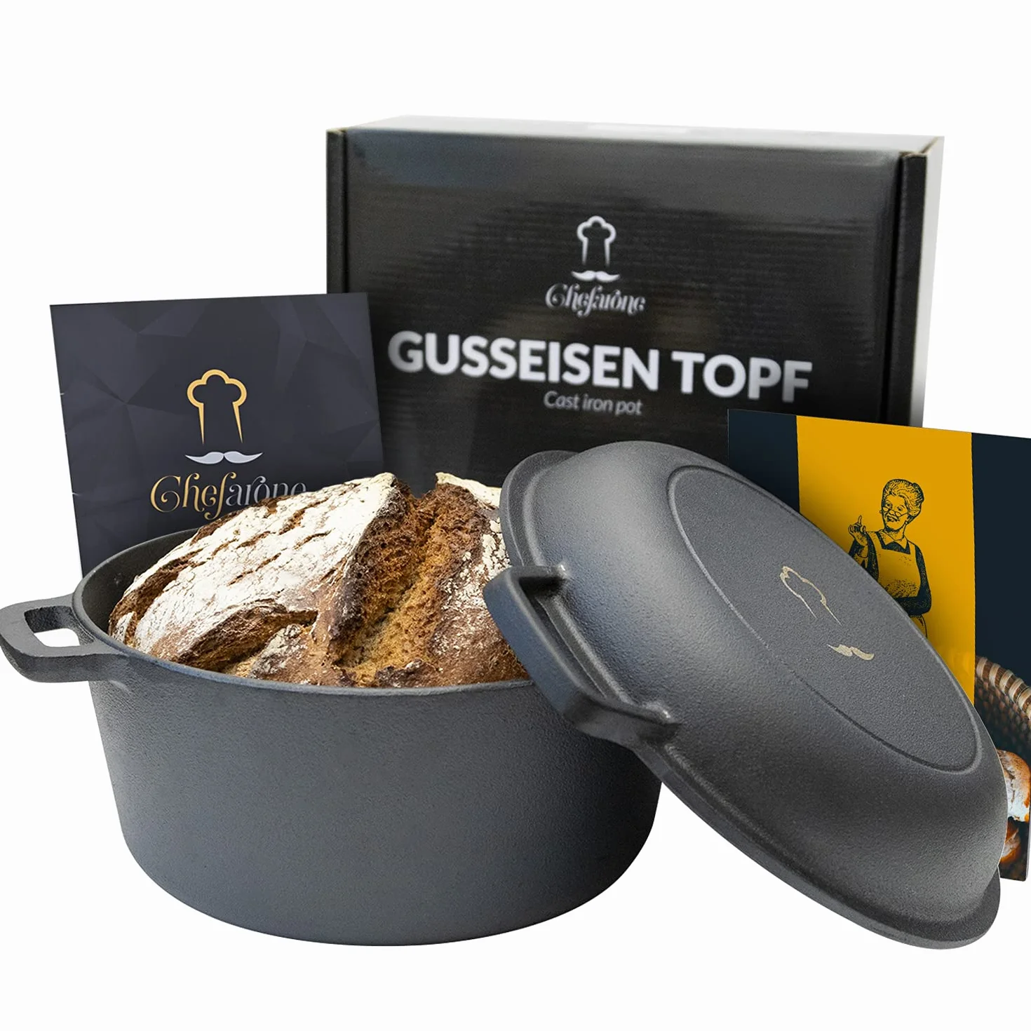 Chefarone Garnek Żeliwny 26 cm 4,6 l z Koszykiem do Wyrastania i Szpatułką