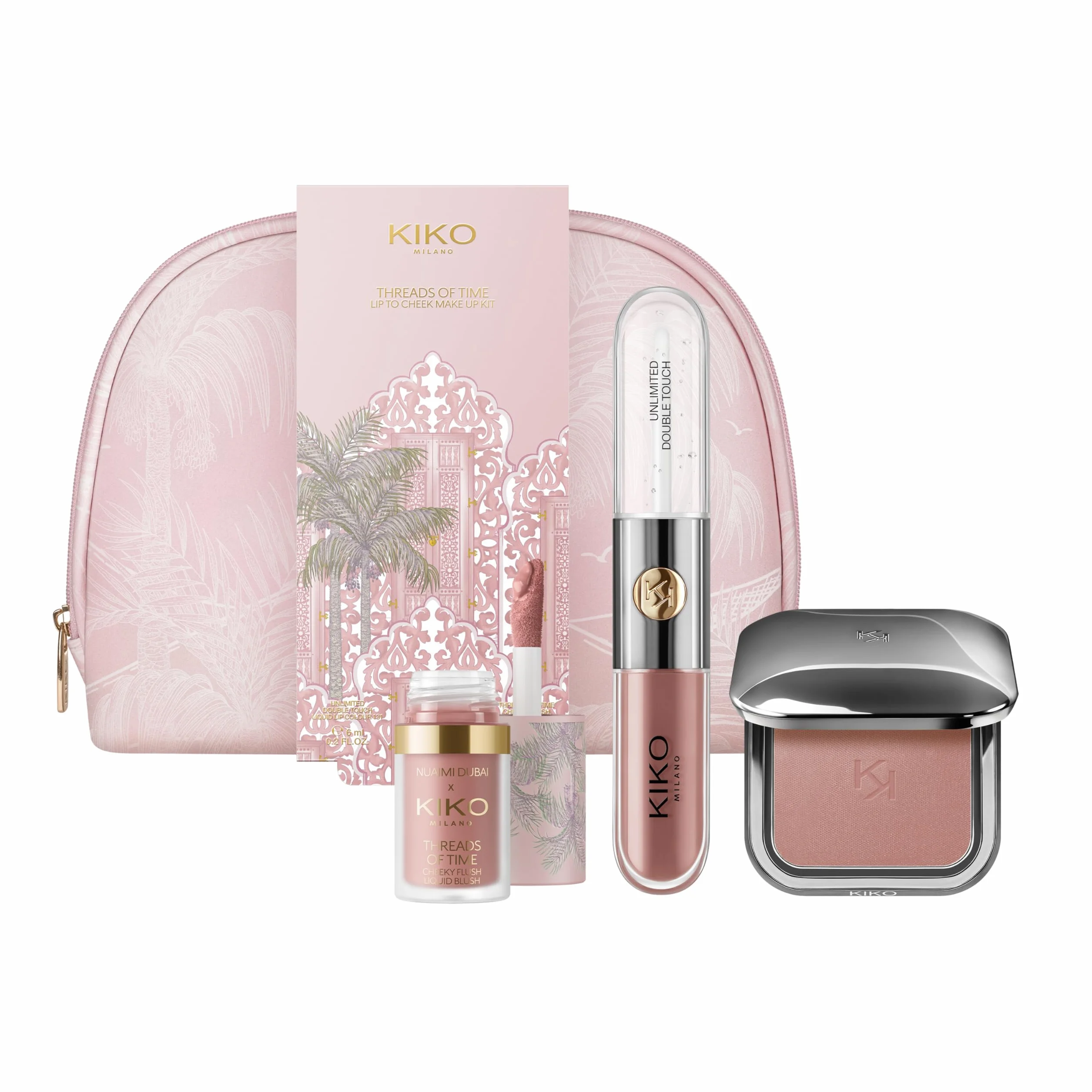 KIKO Milano Threads Of Time Lip To Cheek Make Up Kit, Zestaw upominkowy do makijażu: Pomadka i błyszczyk 2 w 1, róż w płynie i róż w pudrze