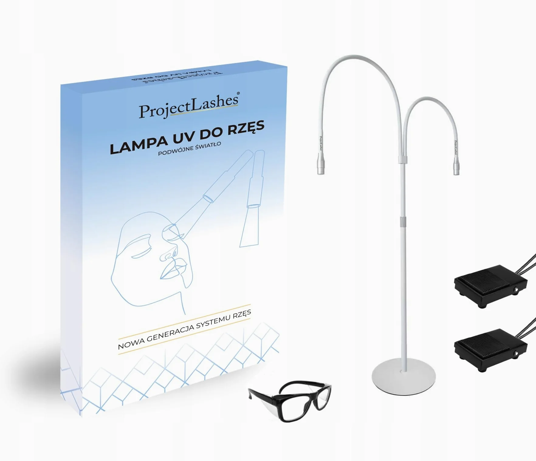 Podwójna lampa UV LED biała z okularami | Podwójna lampa UV LED, kolor biały, okulary ochronne w zestawie