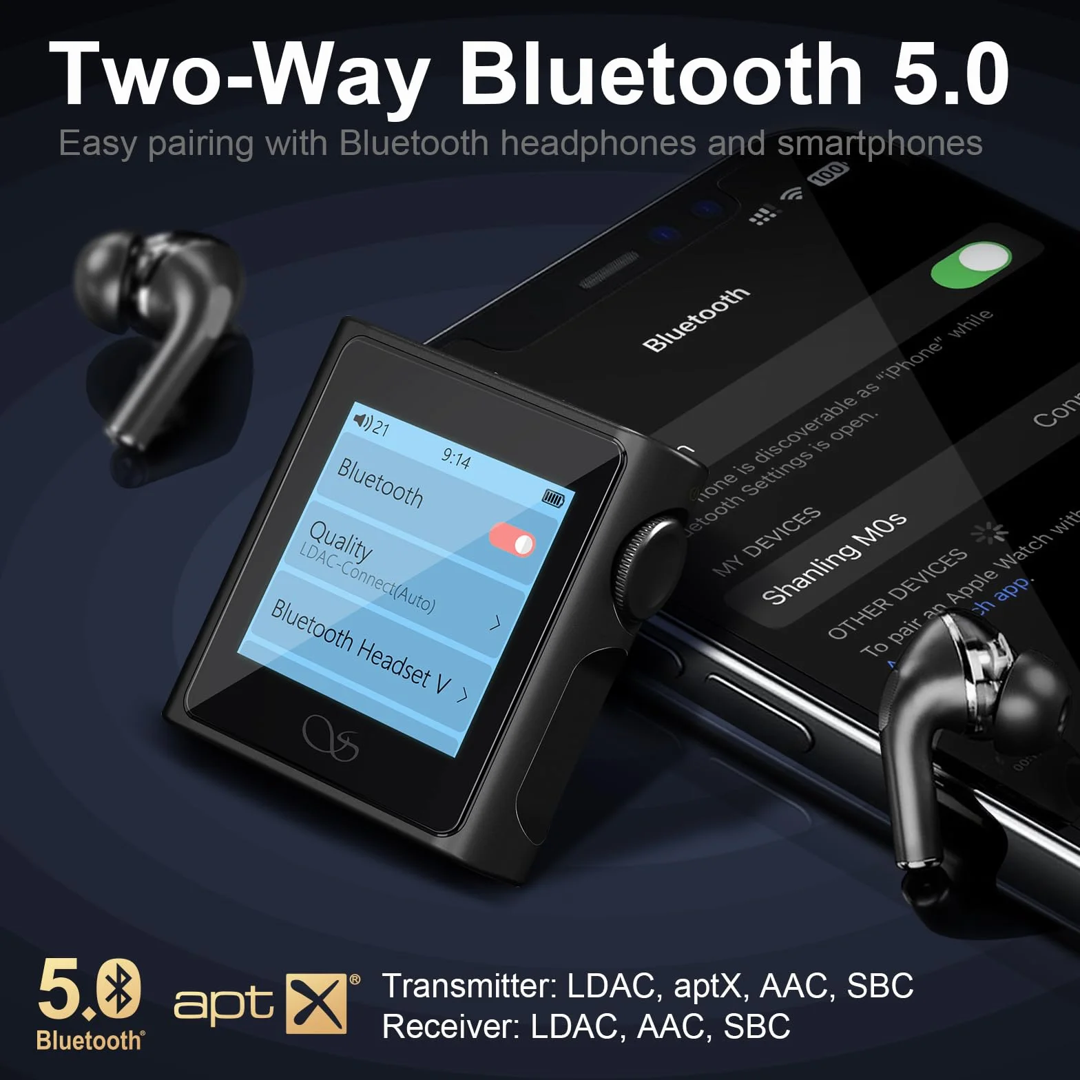 SHANLING M0s 1,7 x 1,7 cala, 2 w 1, odtwarzacz MP3, DAC, Hi-Fi, przenośny, cyfrowy odtwarzacz audio, obsługuje karty SD do 2 TB Bluetooth 5.0 3,5 mm/gniazdo typu C do telefonów komórkowych, tabletów