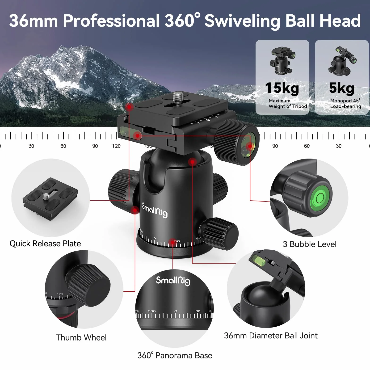 SMALLRIG Statyw do Aparatu 78", Monopod z Głowicą Kulową 360 mm 360, Profesjonalny Statyw z Torbą Transportową do Podróży i Pracy - 3474