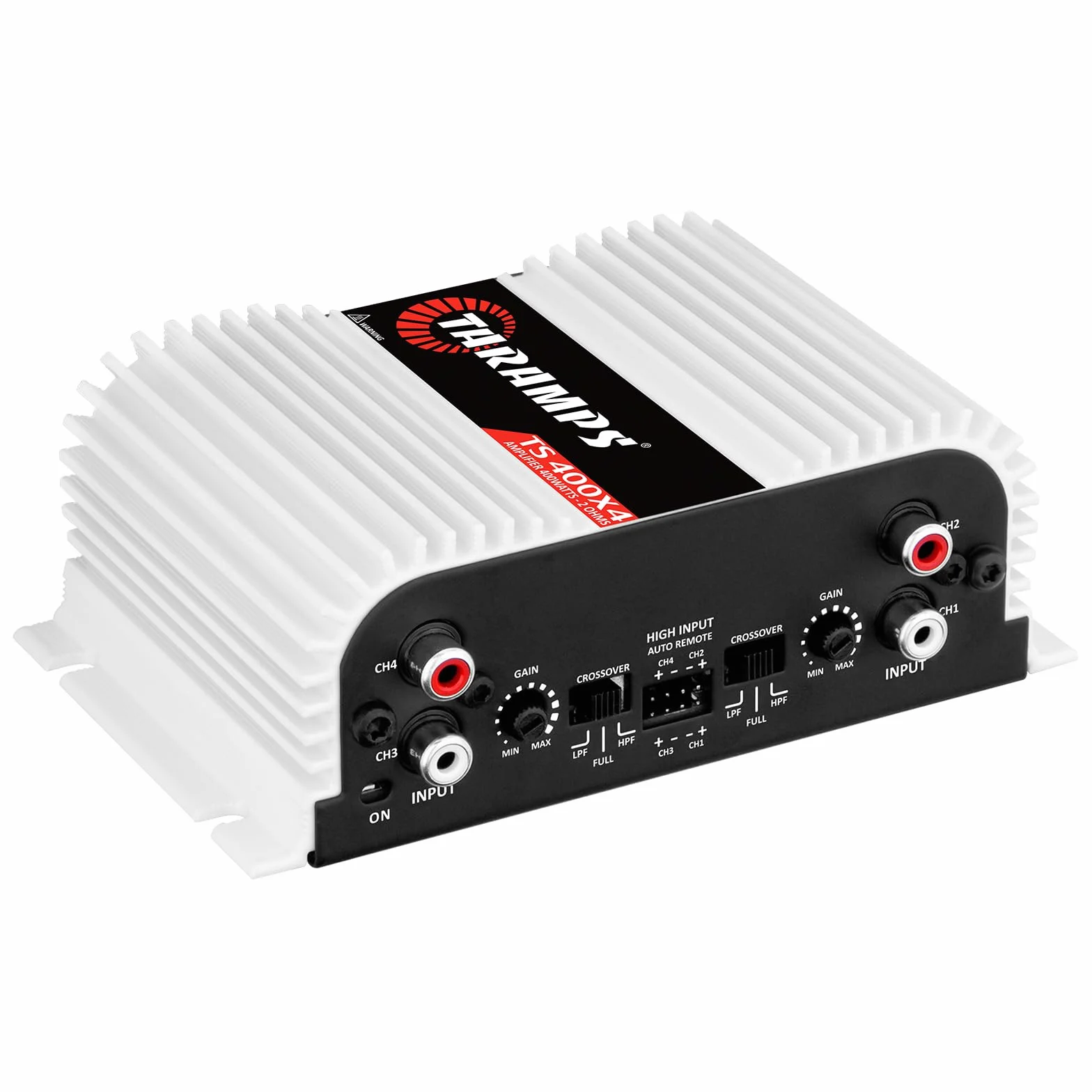 Taramps TS 400 x 4 z automatycznym wejściem wysokiego poziomu, 400 W, RMS, 4 kanały, pełny zakres, samochodowy wzmacniacz audio, klasa wejściowa RCA, 2 kanały, wielokanałowy system wzmacniacza
