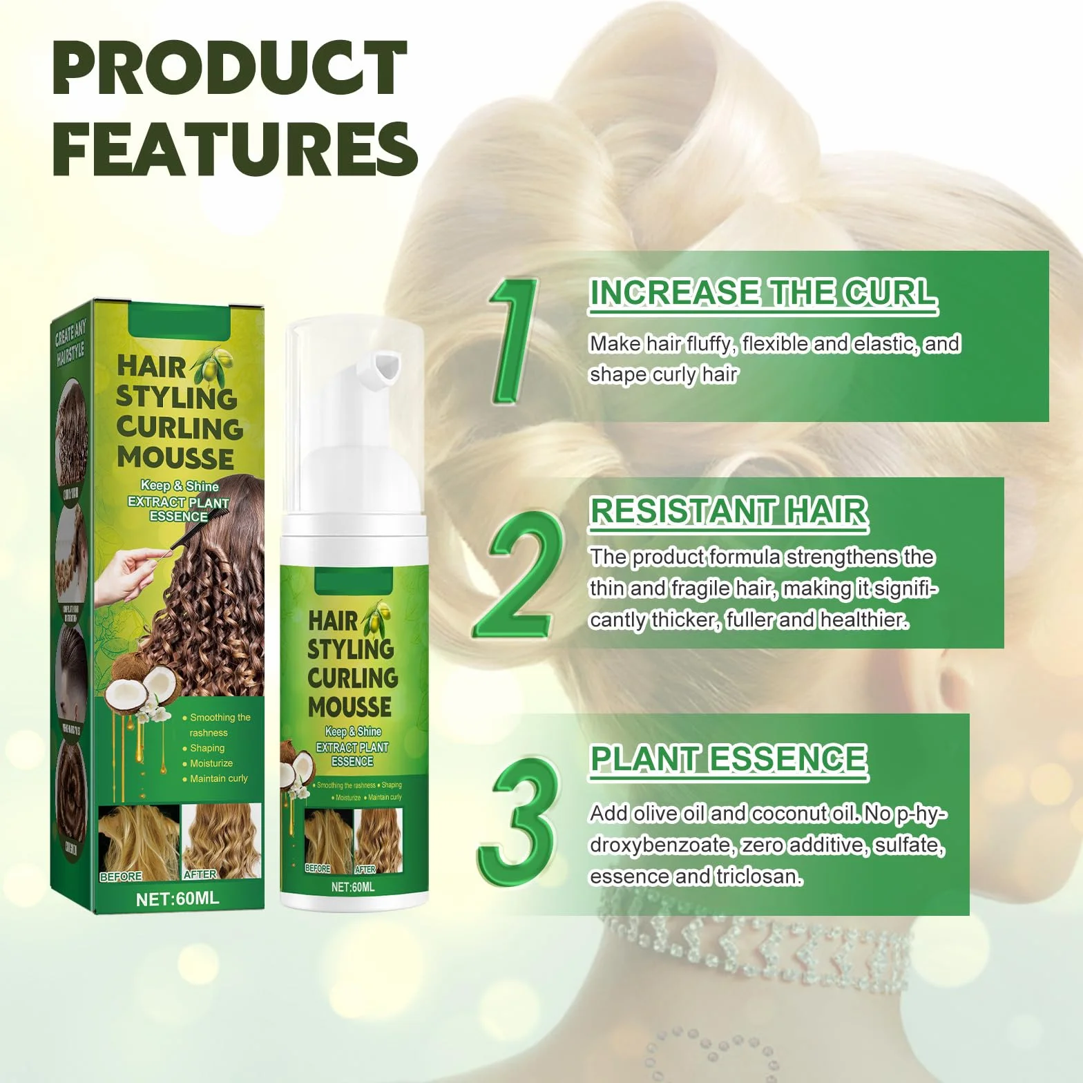 2 szt. Mus do stylizacji loków, miękki mus do modelowania loków, zwijacz loków, nawilżająca pielęgnacja pianki do stylizacji pianki, 2 szt. x 60 ml, hair2