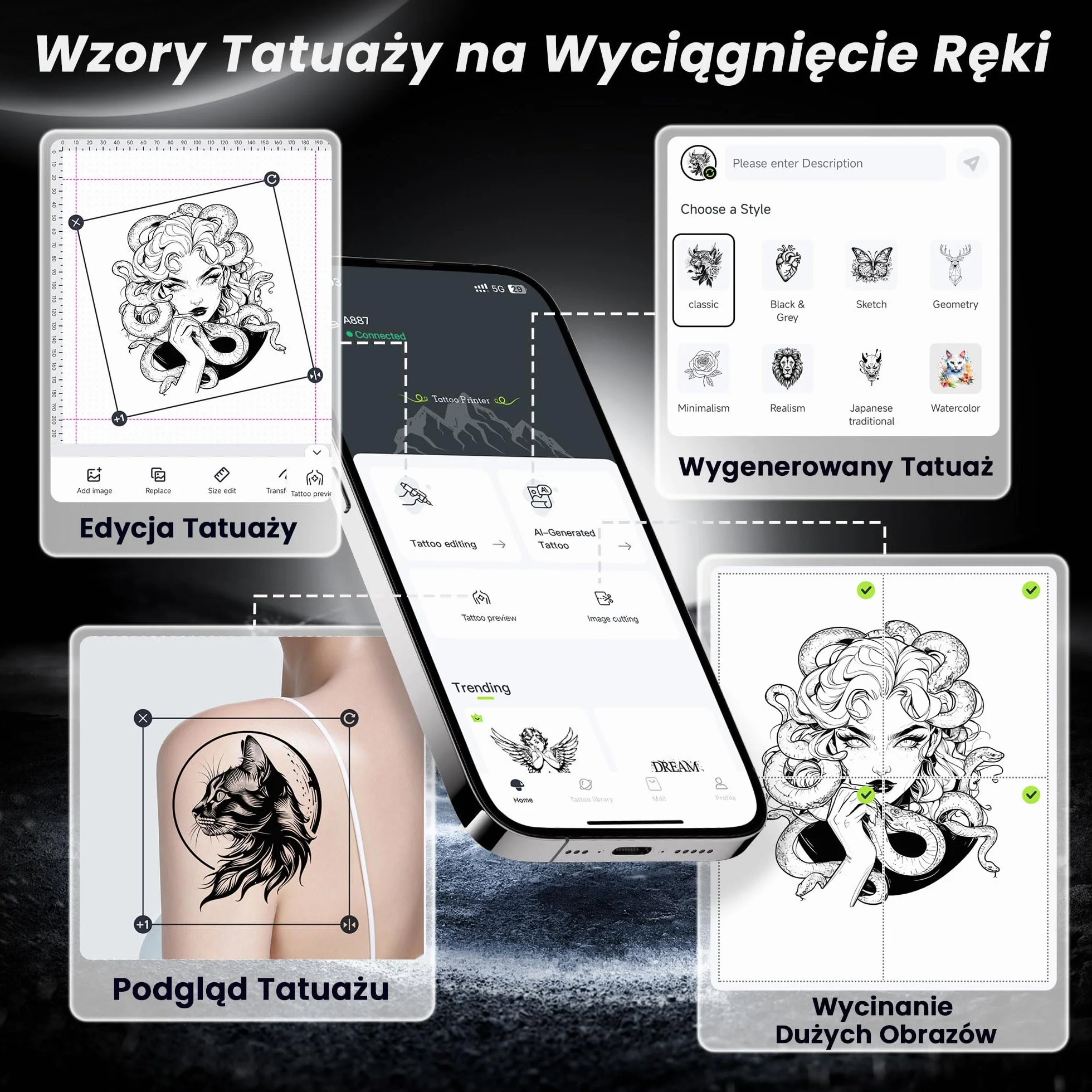 TATTMUSE Drukarka do tatuażu Bluetooth, drukarka szablonowa, 10 sztuk papieru, drukarka transferowa do tatuażu ze smartfonem, PC, drukarka termiczna dla artystów tatuażu i początkujących