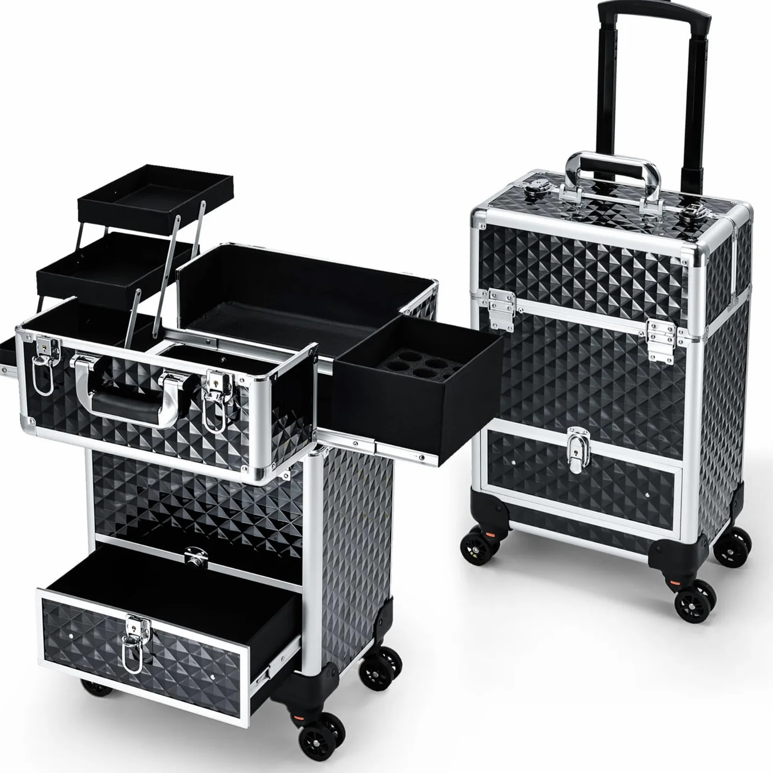 Hododou Rolling Makeup Train Case Przenośny wózek kosmetyczny z kółkami do szuflad, 4 tace, duże dno, Czarny