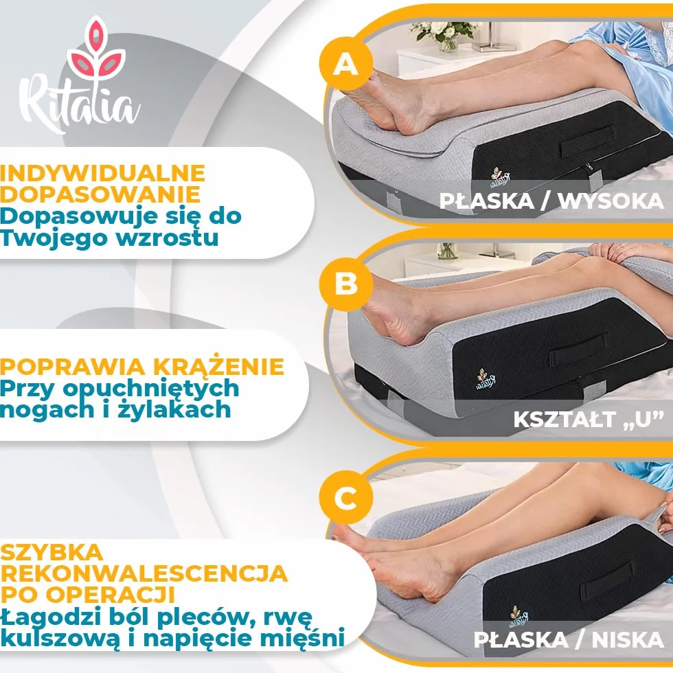 Poduszka pod nogi Ritalia z pianką memory, 3 regulowane wysokości, oddychający pokrowiec