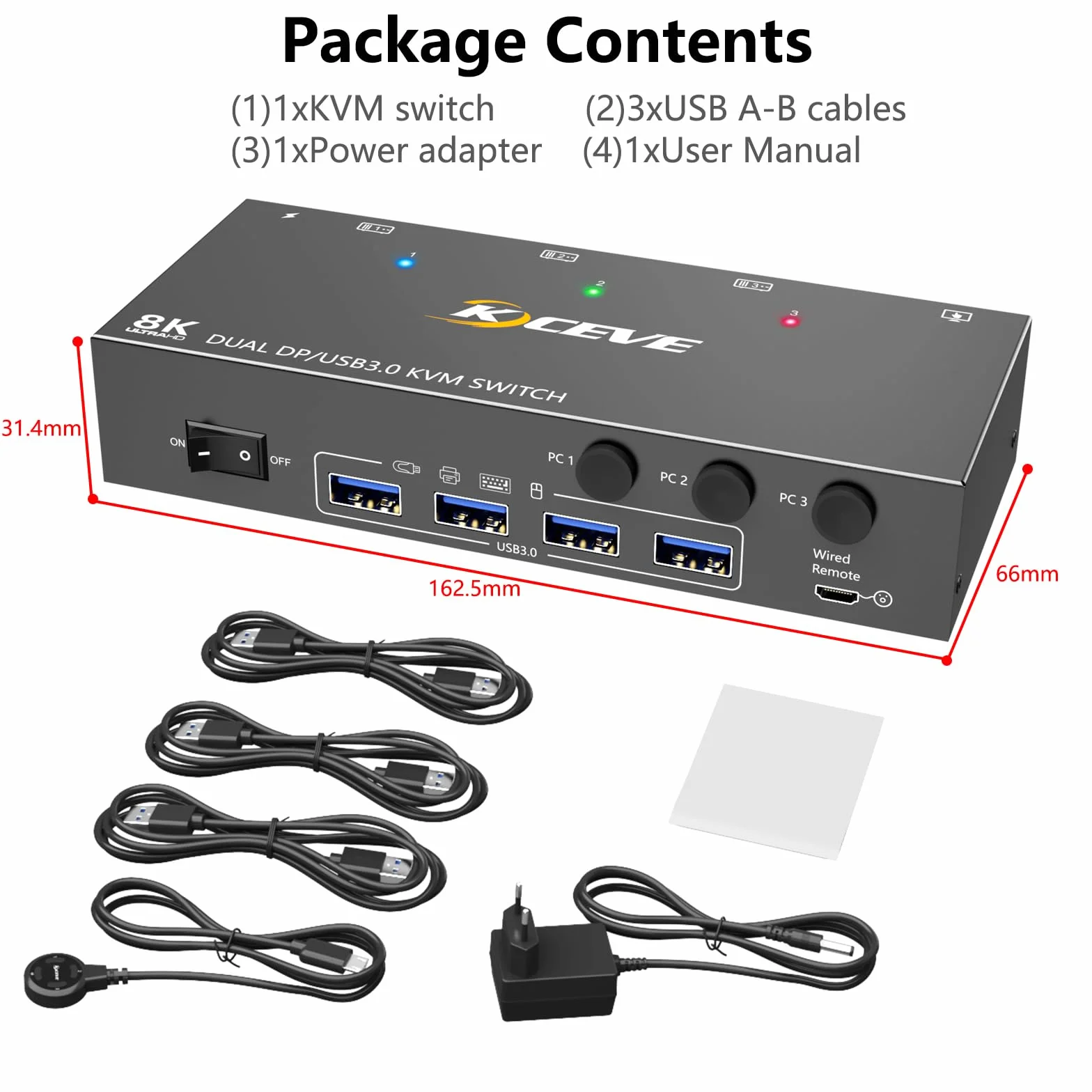 Przełącznik KVM 8K 30 Hz 3 komputery, 2 monitory, 4K @ 144 Hz Displayport KVM Switch 3 PC dzielą 2 monitory i 4 urządzenia USB 3.0, w tym przewodowy pilot zdalnego sterowania, zasilacz sieciowy i