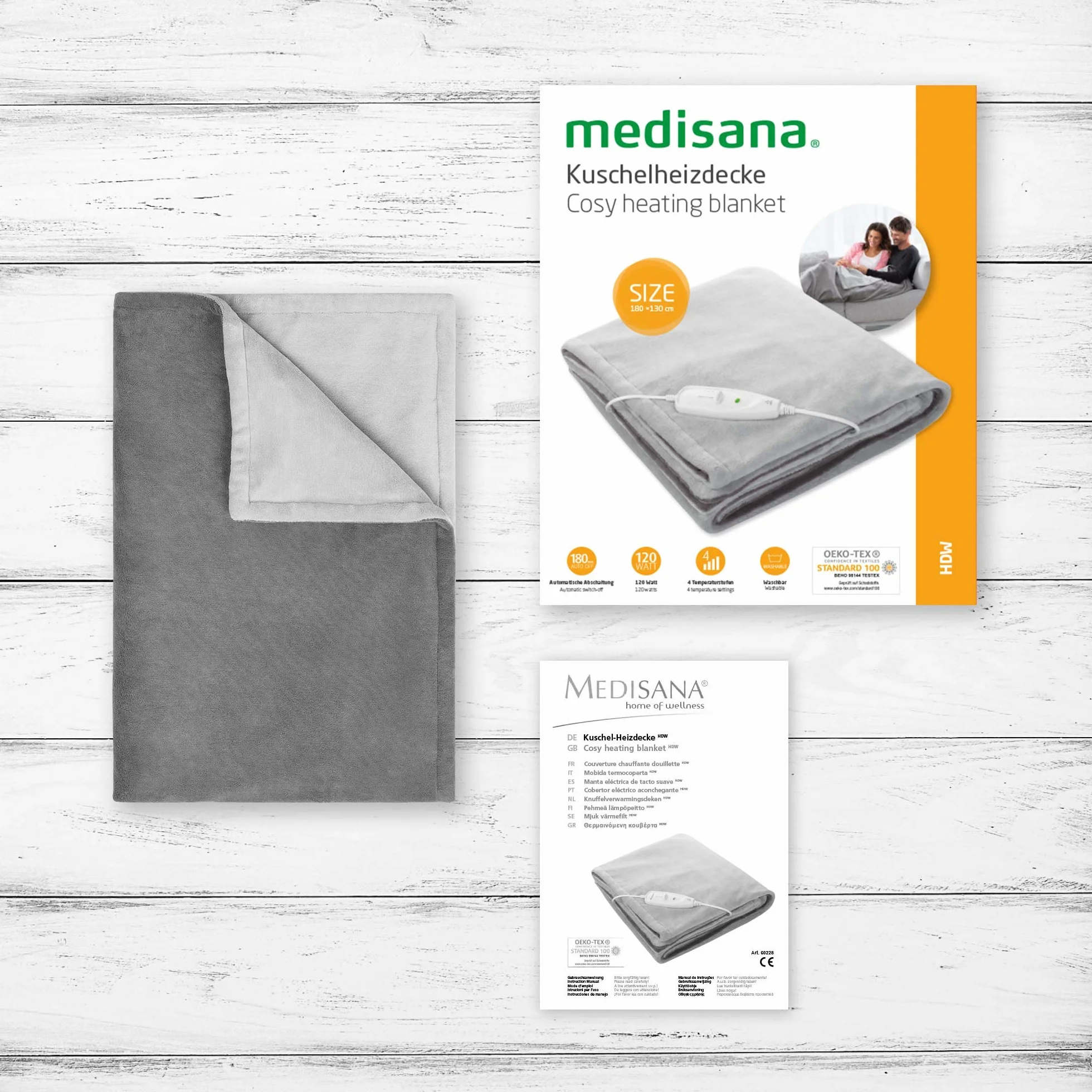 Medisana HDW Cuddly Heating Blanket, zmywalny, przytulny koc z automatycznym wyłączaniem, 4 ustawienia temperatury, 180 x 130 cm, dwukolorowy, odwracalny wygląd, szary - ciemnoszary