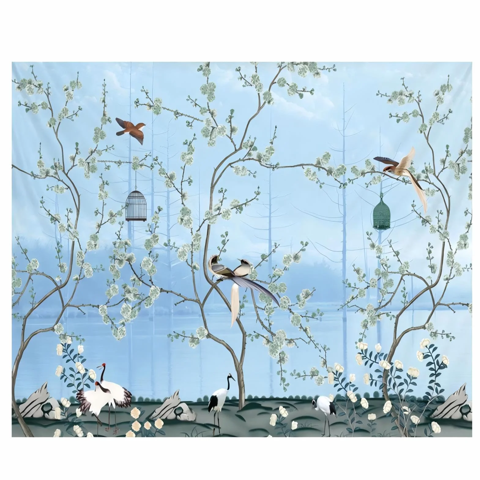 VIFERR Gobelin ścienny boho niebieskie kwiaty ptaki duży dywan ścienny 150 x 200 cm