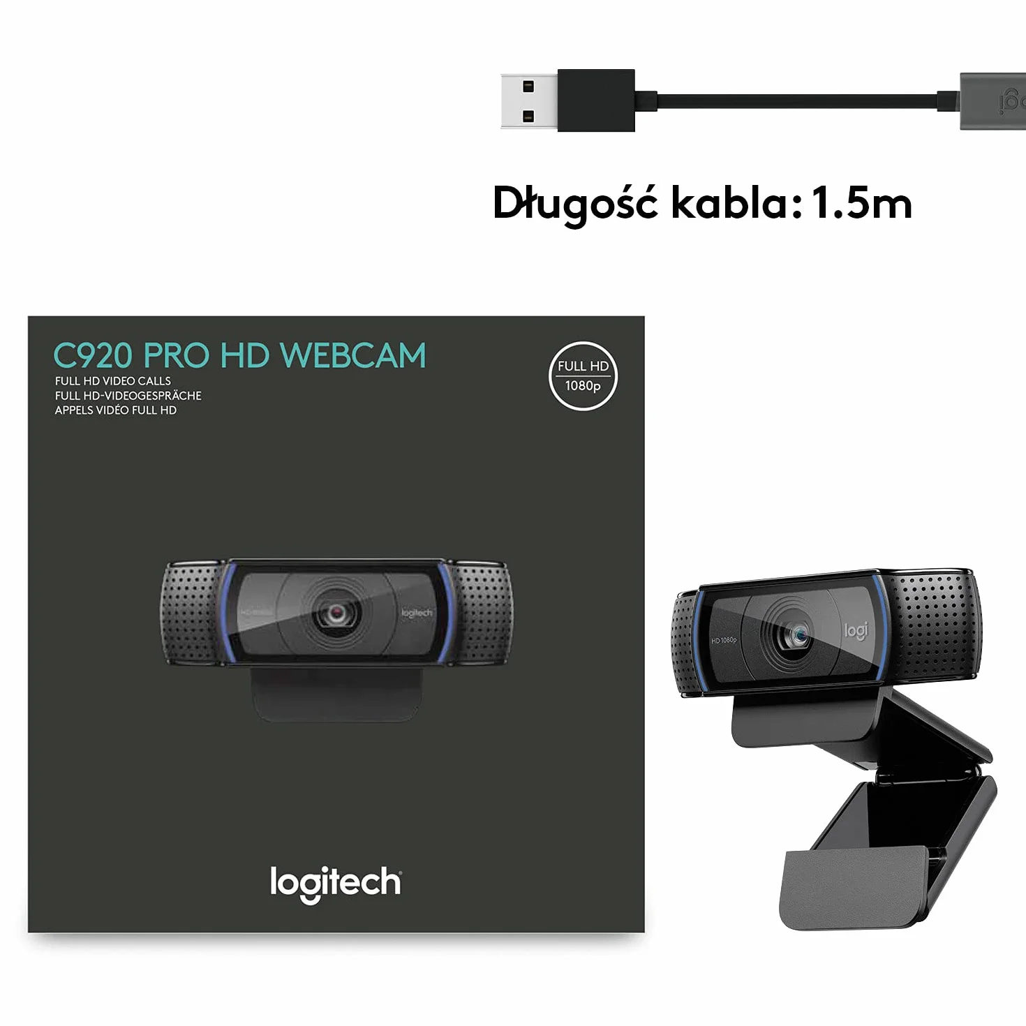 Logitech HD Pro Webcam C920 Połączenia Wideo W Wysokiej Jakości, Z Rozdzielczością Full Hd 1080P I Osłoną Migawki, Pc/Mac/Chromebook - Czarny