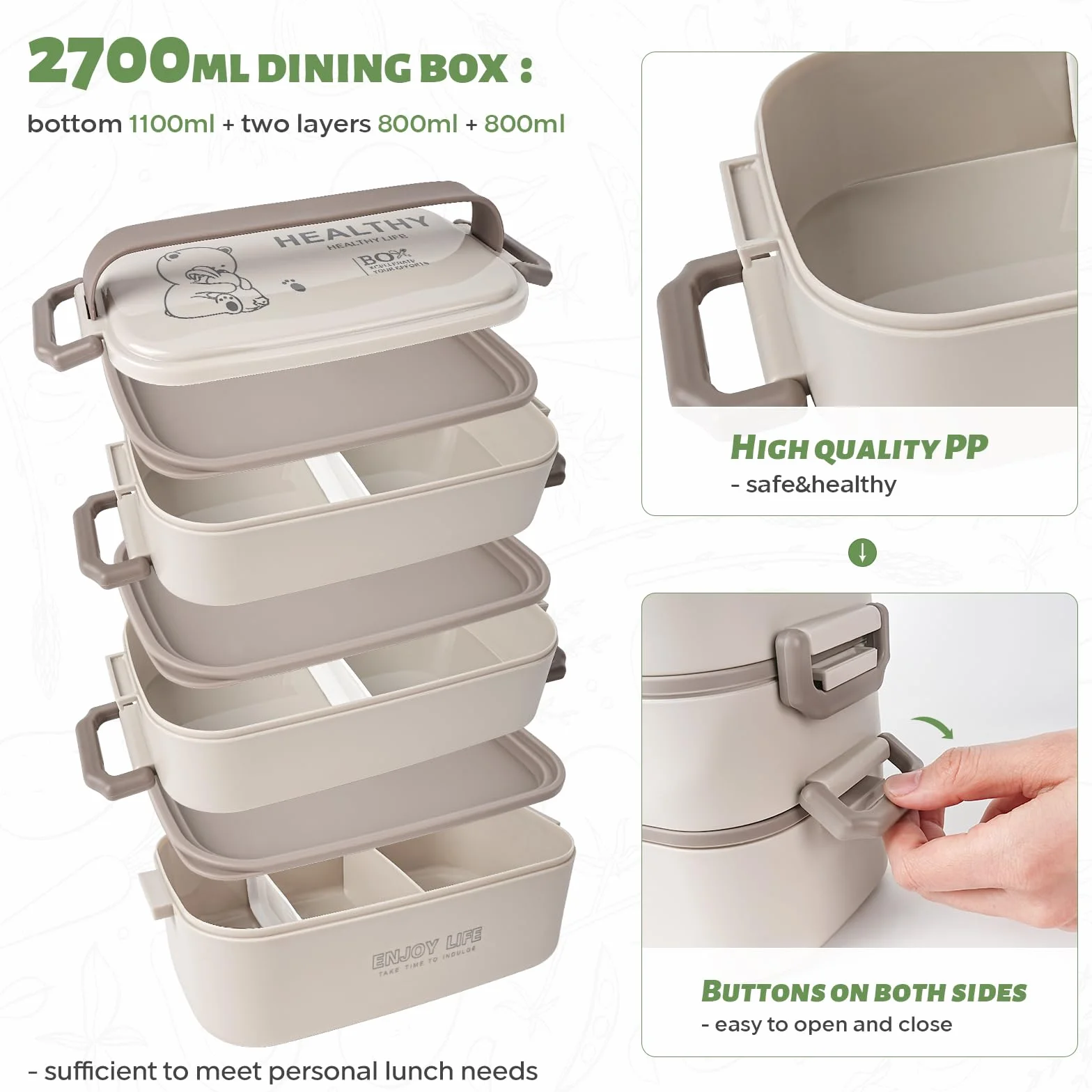 Pudełko Bento 2700 ml 4w1 z widelcem i łyżką, pojemnik do przygotowywania posiłków