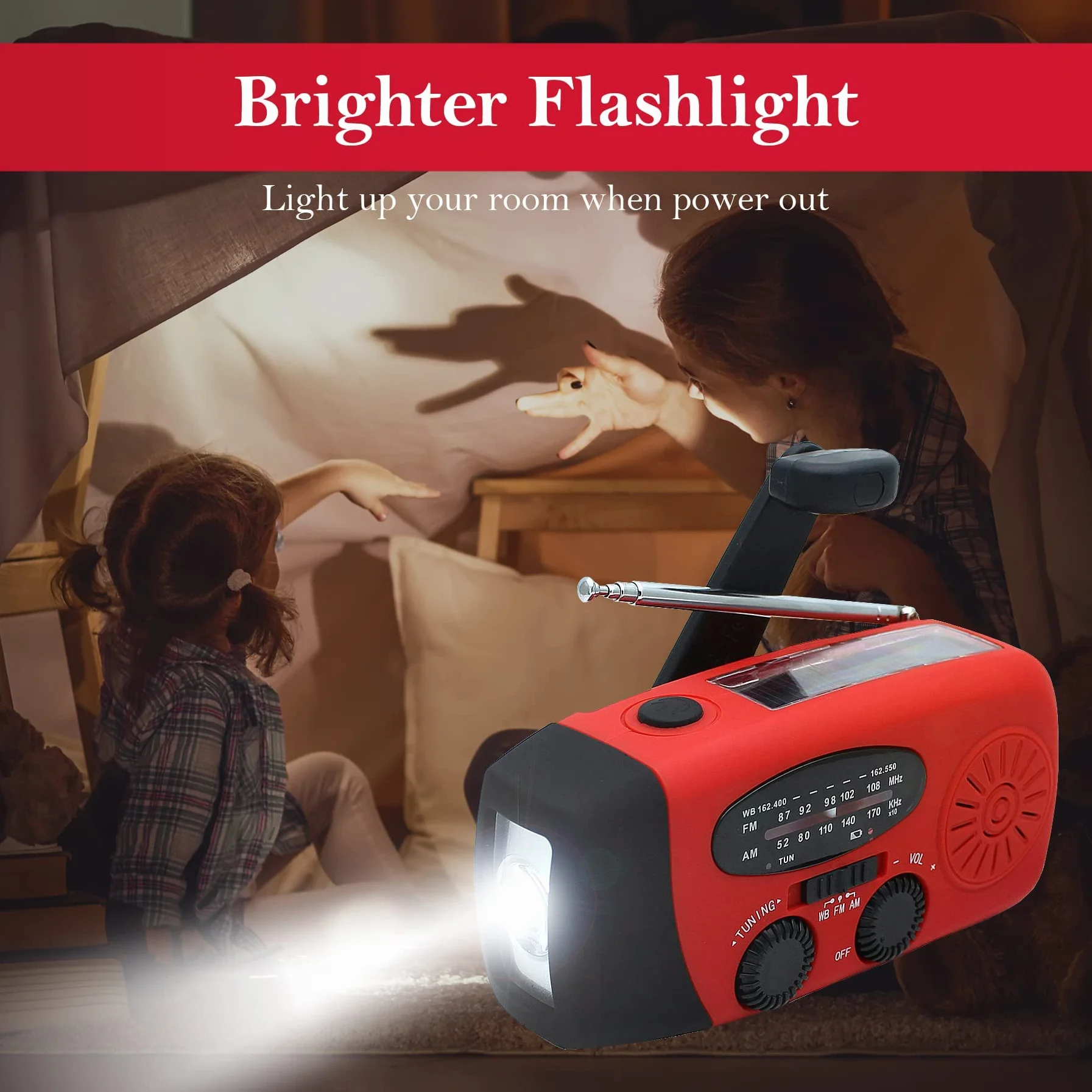 Radio awaryjne z korbą, solarne radio pogodowe z latarką LED/WB/Am/FM, 2000 Mah, ładowanie USB, odpowiednie do użytku na zewnątrz