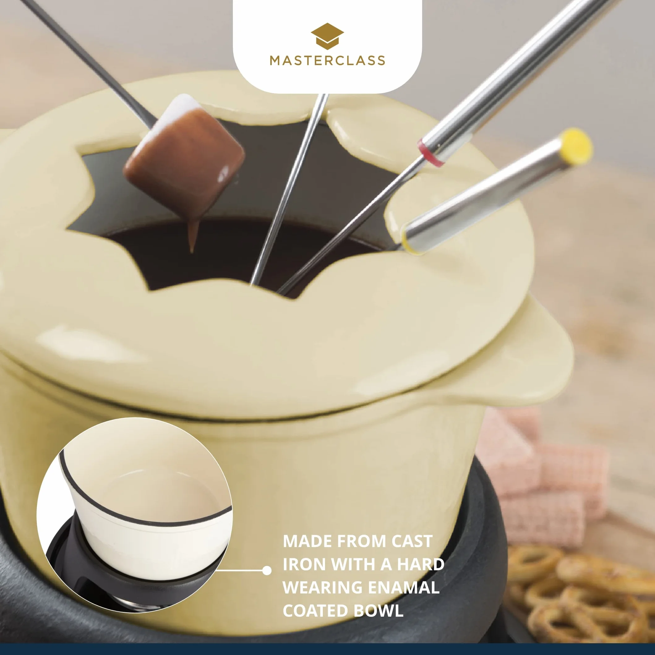MasterClass Zestaw do fondue z żeliwa, garnek do fondue z 6 widelcami i emaliowaną miską z żeliwa, doskonała retencja ciepła i regulowany palnik, w pudełku prezentowym, kremowy, 21 x 18 cm