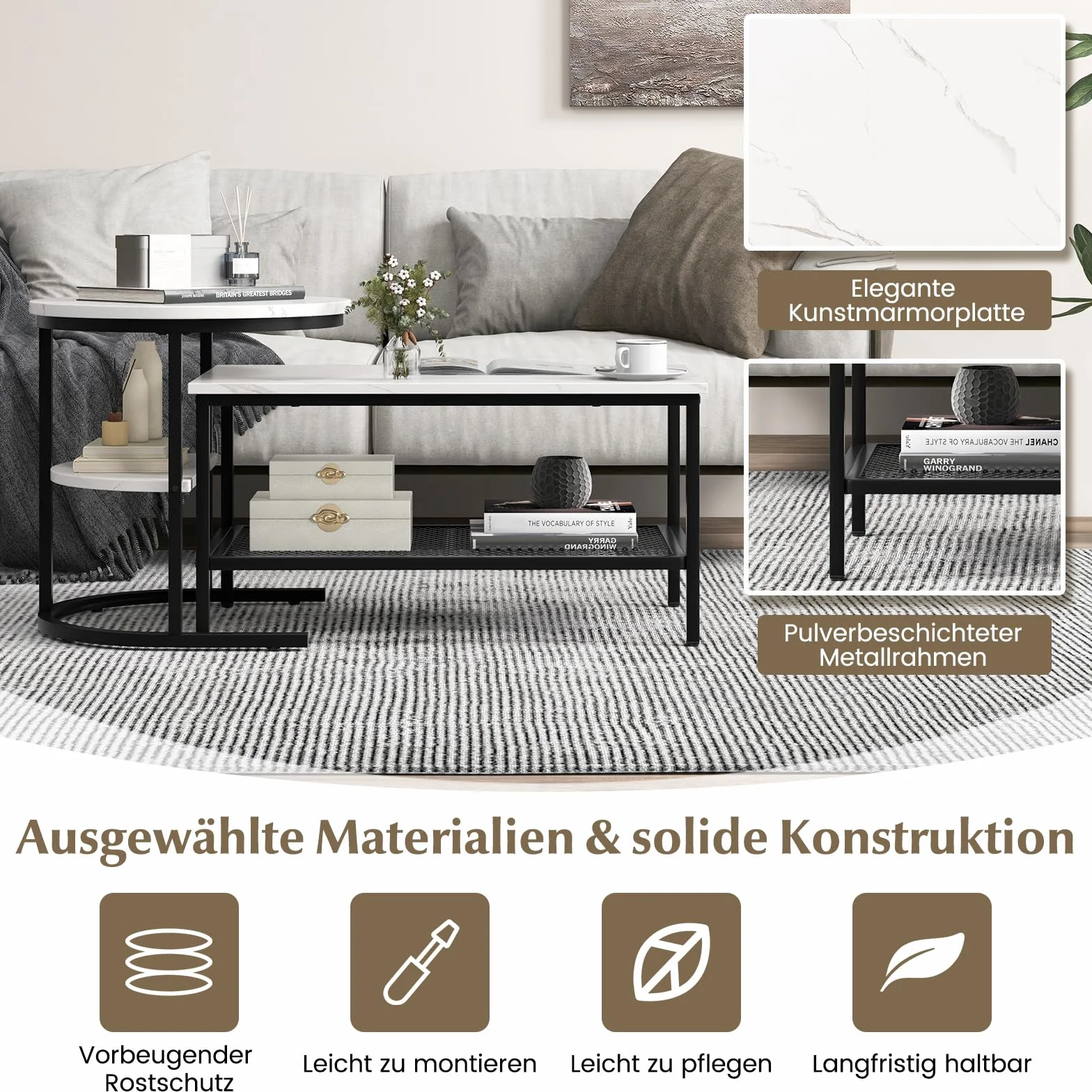 COSTWAY Zestaw 2 stolików kawowych z metalową ramą i półką, marmur, biały czarny