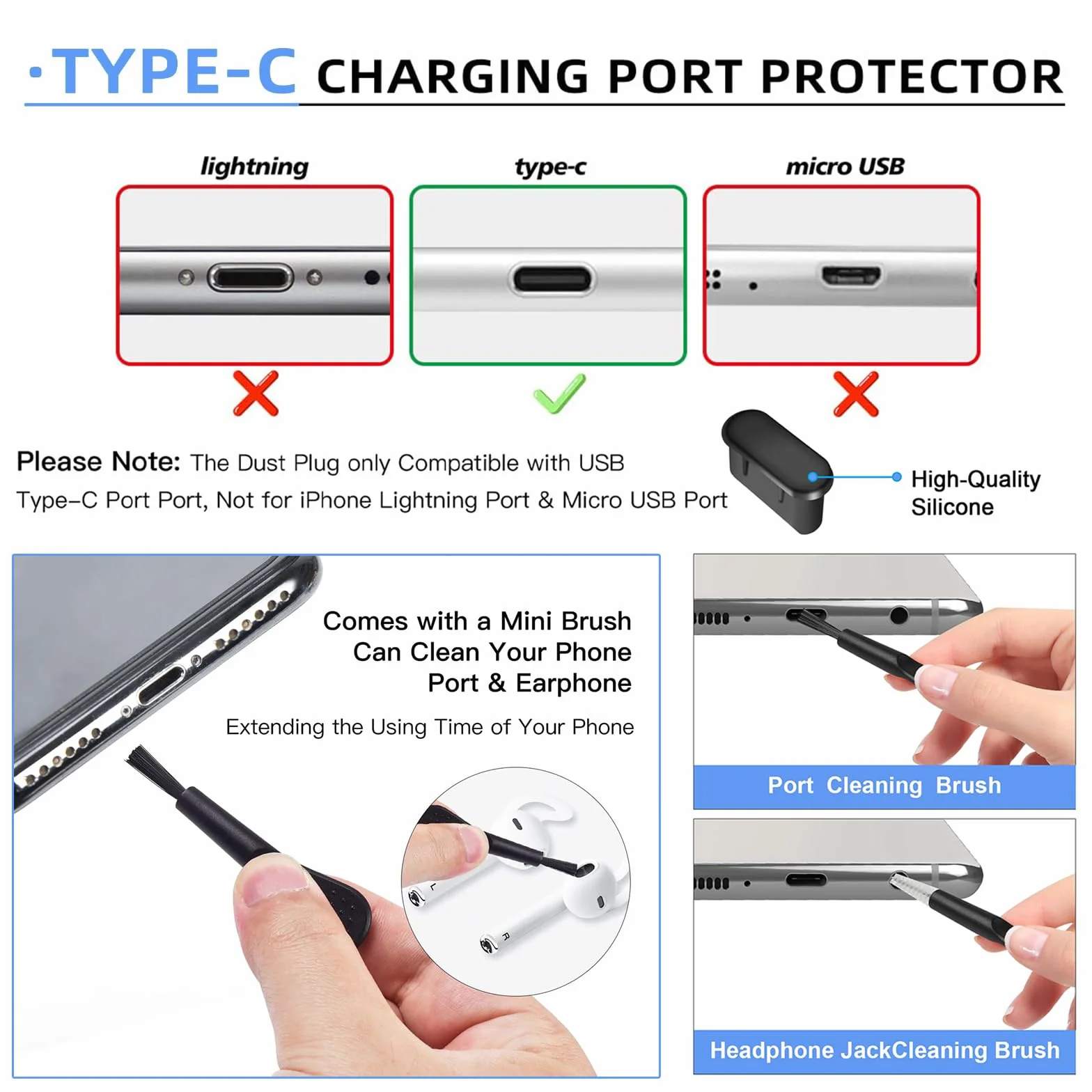 Lilbitty Zestaw 6 szt. osłonek przeciwpyłowych USB-C z dwoma małymi szczotkami do czyszczenia, silikonowe nakładki ochronne do USB 3.1 typu C, uniwersalne do Samsung, Google, Xiaomi i wielu innych