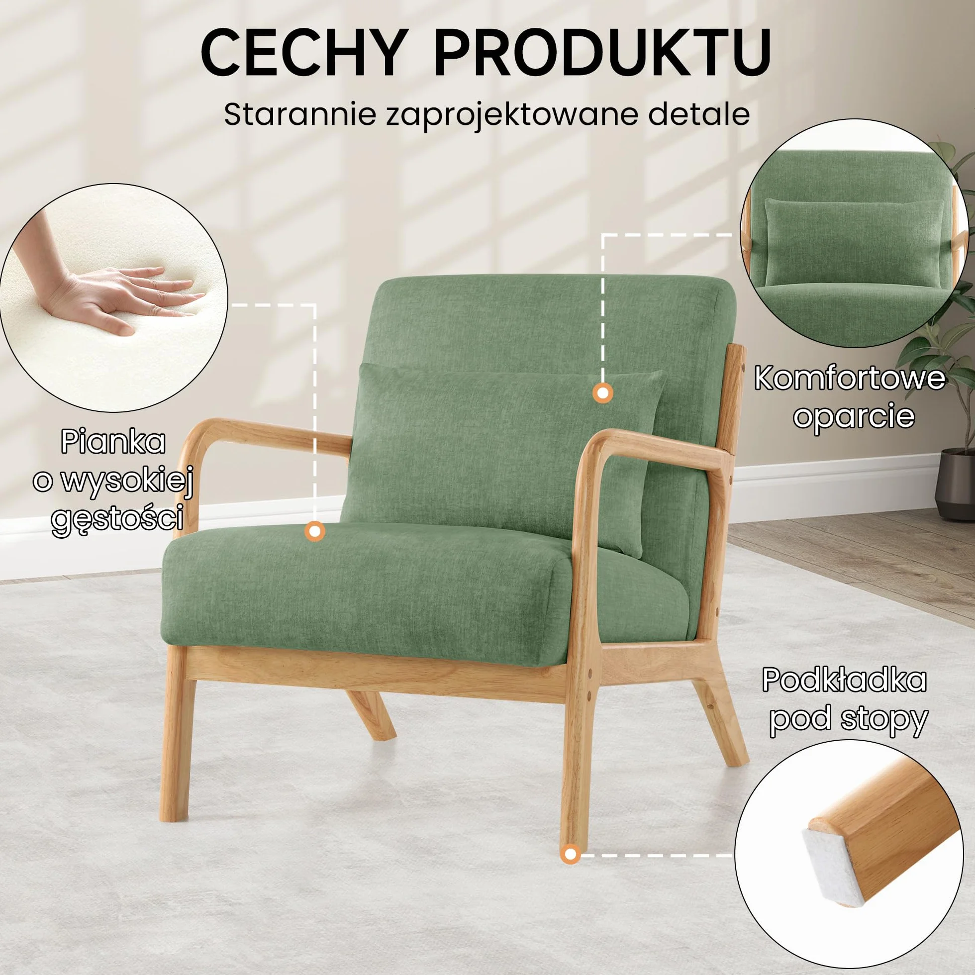 Fotel akcentujący z poduszką i podłokietnikami, drewniana rama, tapicerowany, styl połowy wieku, zielony