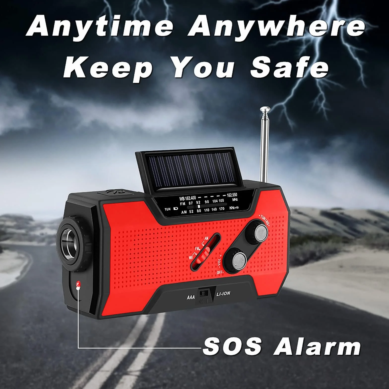 Radio korbowe awaryjne, FORNORM radio solarne 2000 mAh power bank radioodtwarzane z ładowarką do telefonu i 4 lampami do czytania, AM/FM/7 NOAA, 4 metody zasilania, czerwone