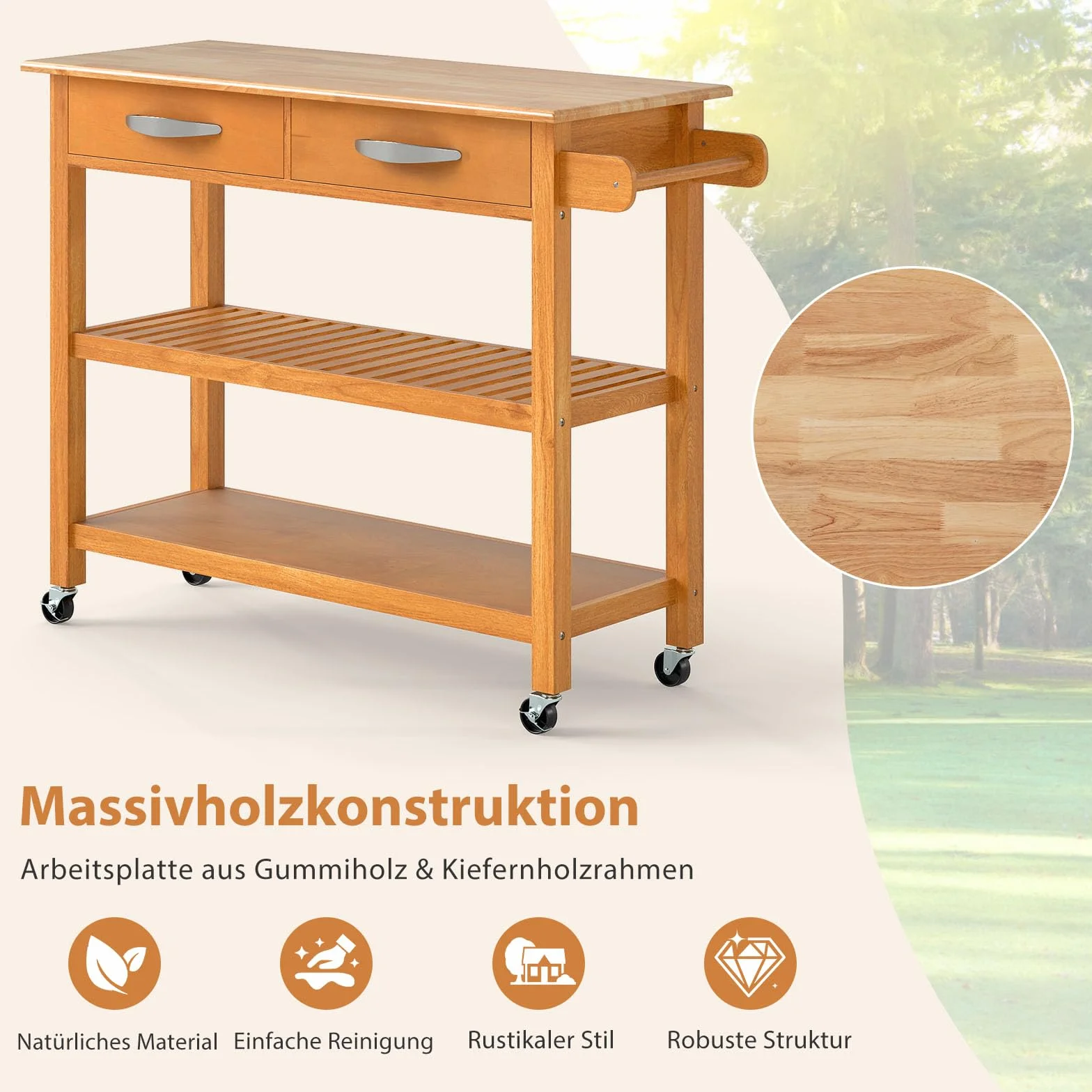 COSTWAY Drewniany wózek kuchenny z blatem roboczym 2 szuflady 2 półki wieszak na ręczniki 116x43x89 cm