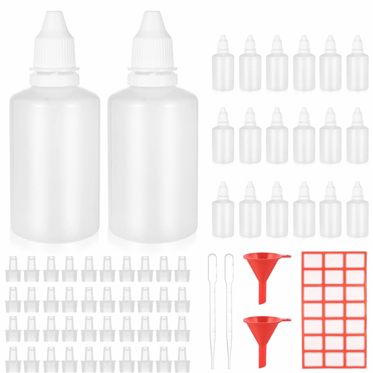 Opakowanie 20 butelek z zakraplaczem 50 ml z pokrywką do olejków eterycznych, rozpuszczalników, olejów, esencji, soli fizjologicznej itp. - Szczelne, wielokrotnego użytku materiał PP, czerwony