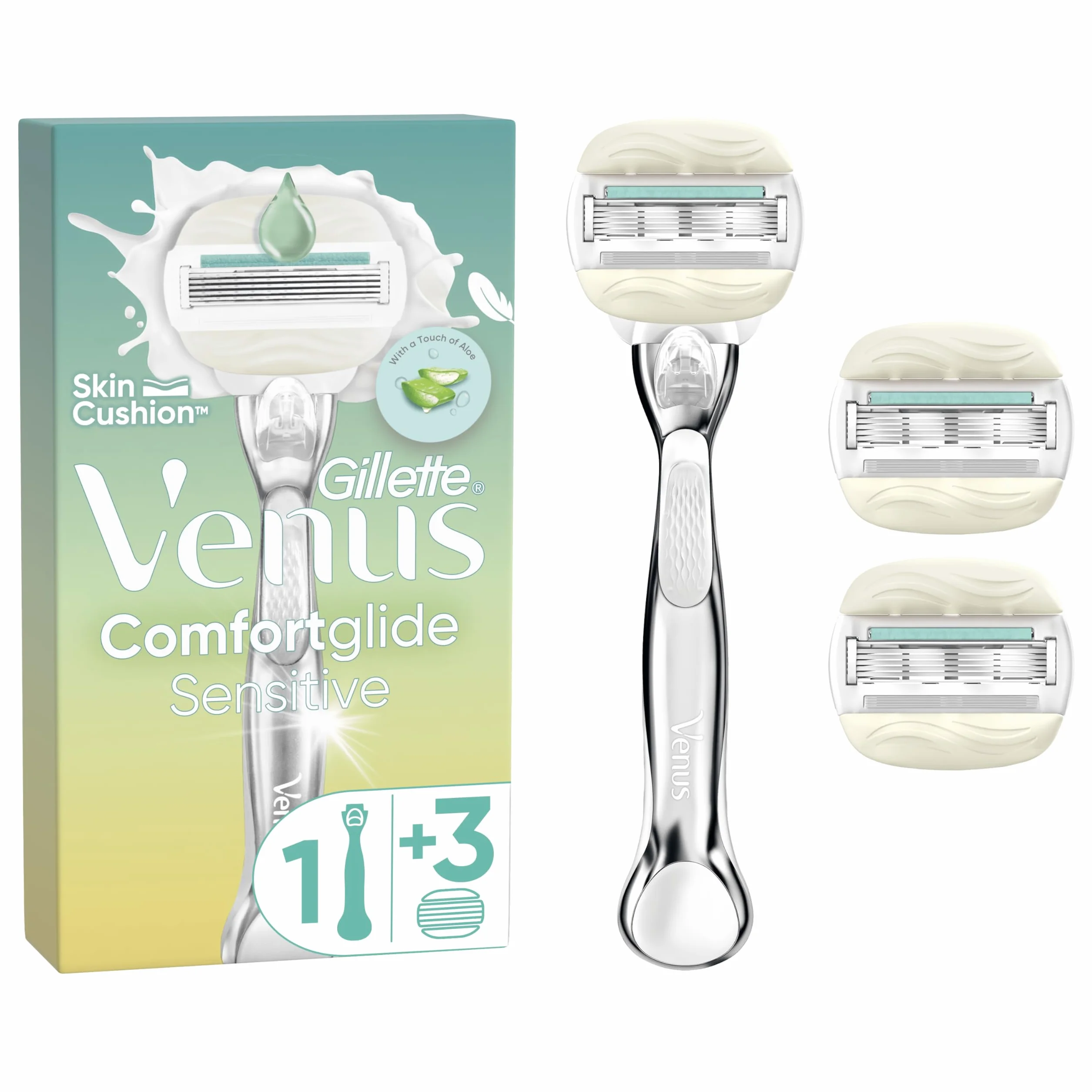 Gillette Venus Pro ComfortGlide Sensitive golarka damska z nutą aloesu, 3 zapasowe ostrza, trwała metalowa rączka i uchwyt prysznicowy
