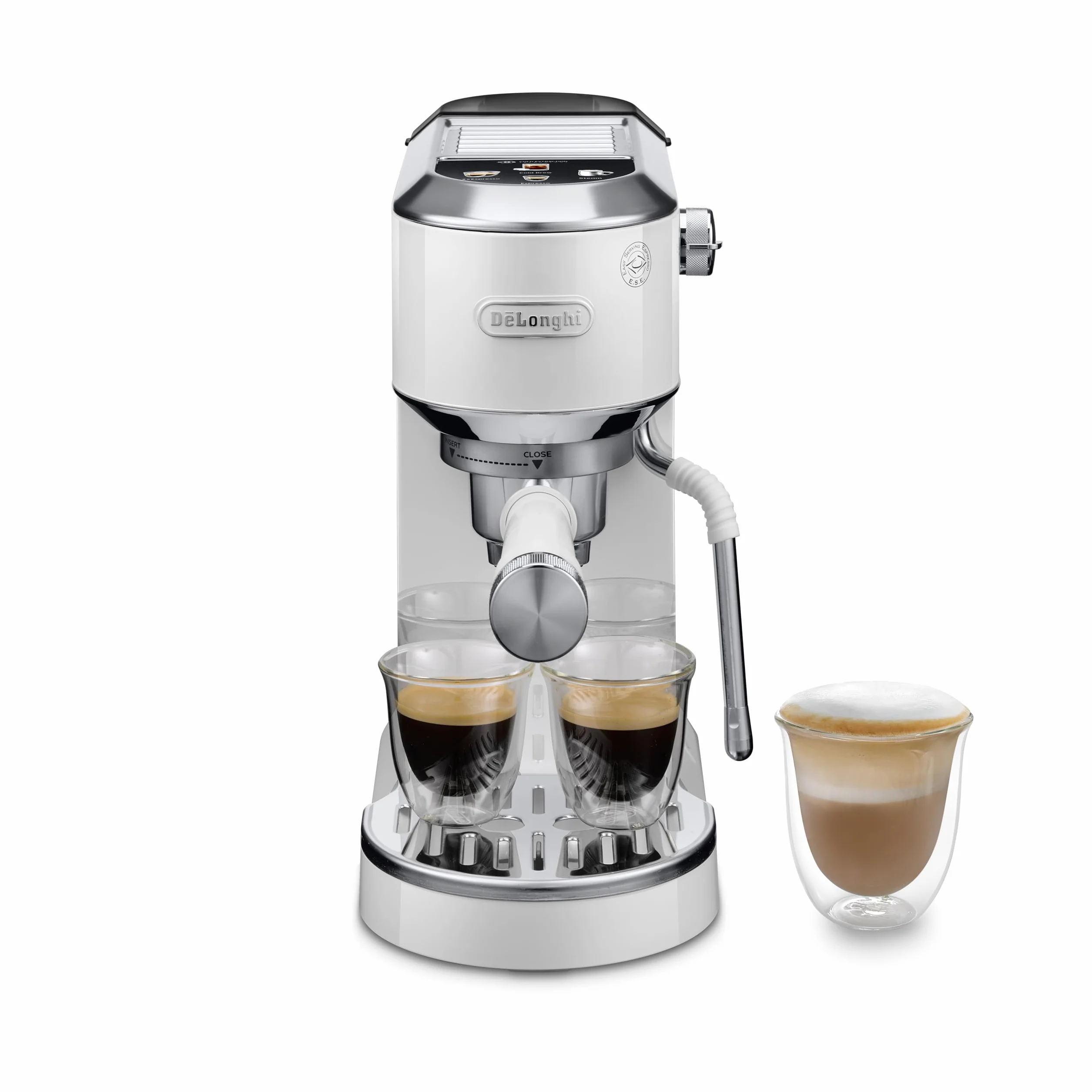 De'Longhi Dedica Duo EC890.WI ręczny ekspres do kawy espresso, cappuccino, cold brew, lanca parowa My LatteArt, wyświetlacz dotykowy, 15 cm, zbiornik 1,1 l, biały