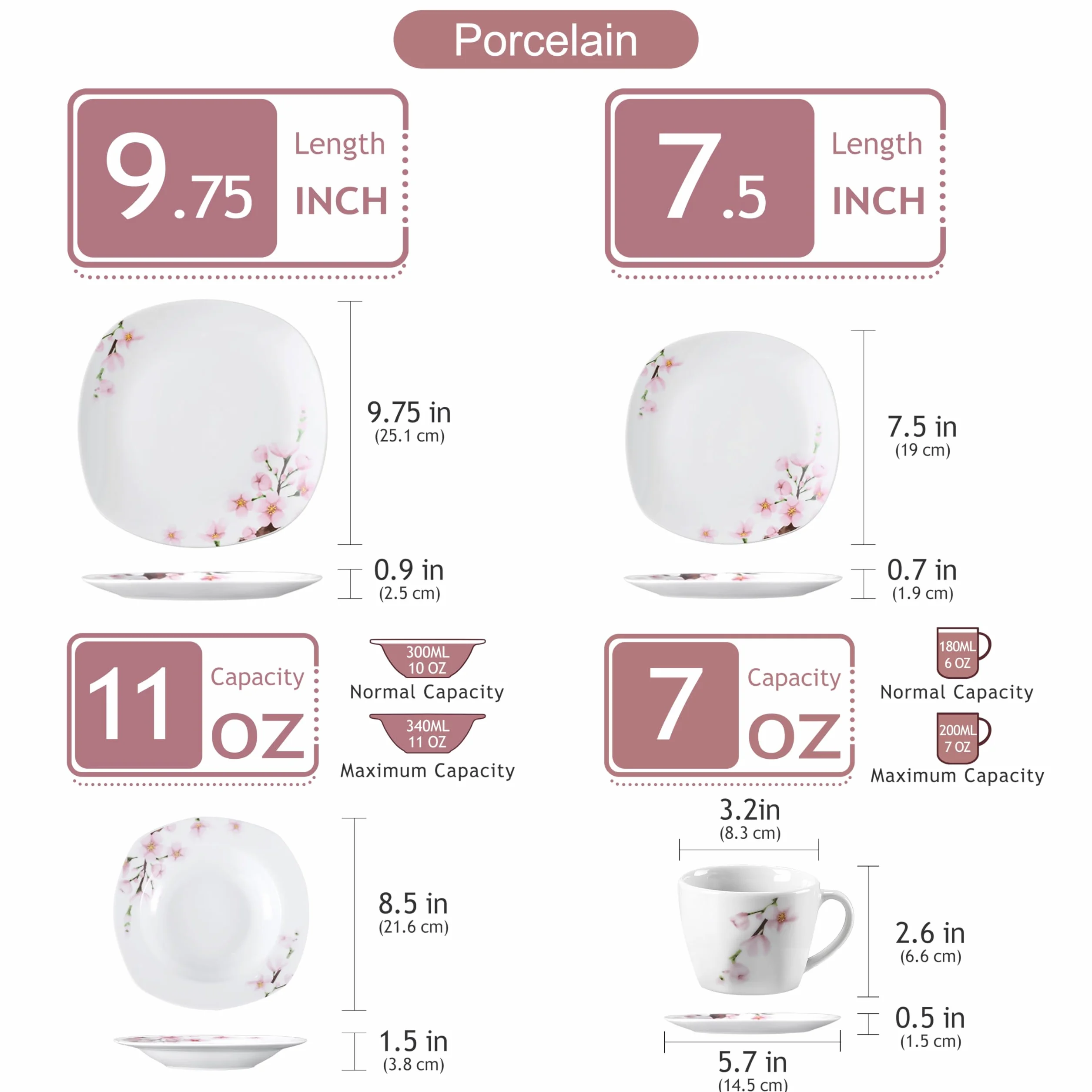 VEWEET Annie 60-częściowy zestaw obiadowy porcelanowy w kolorze kości słoniowej z różowymi kwiatami, talerze kubki spodki dla 12 osób