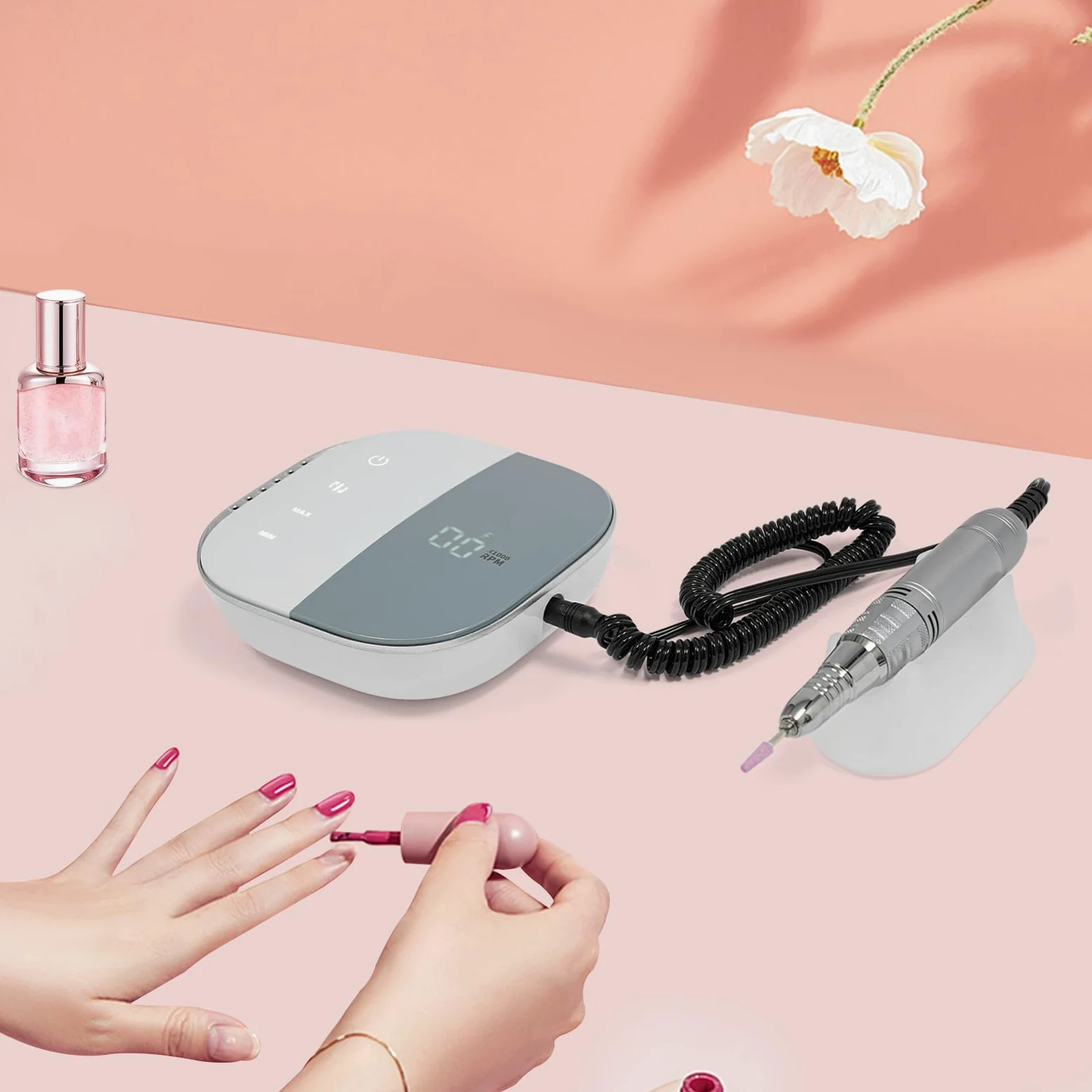 Frezarka do paznokci z ekranem dotykowym – 35 000 obr./min, elektryczny pilnik do paznokci, ekran LCD, do paznokci półtrwałych i akrylowych, manicure, pedicure, biały