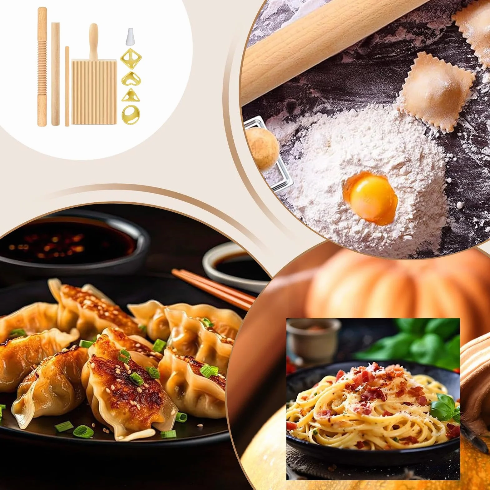 Pasta Making Kit, Wooden Threaded Rolling Pin Board, 8X Dumpling Maker Ravioli Stamp, Making Accessories for Spaghetti, Noodles, Lasagnette, Authentic Homemade Pasta Tools