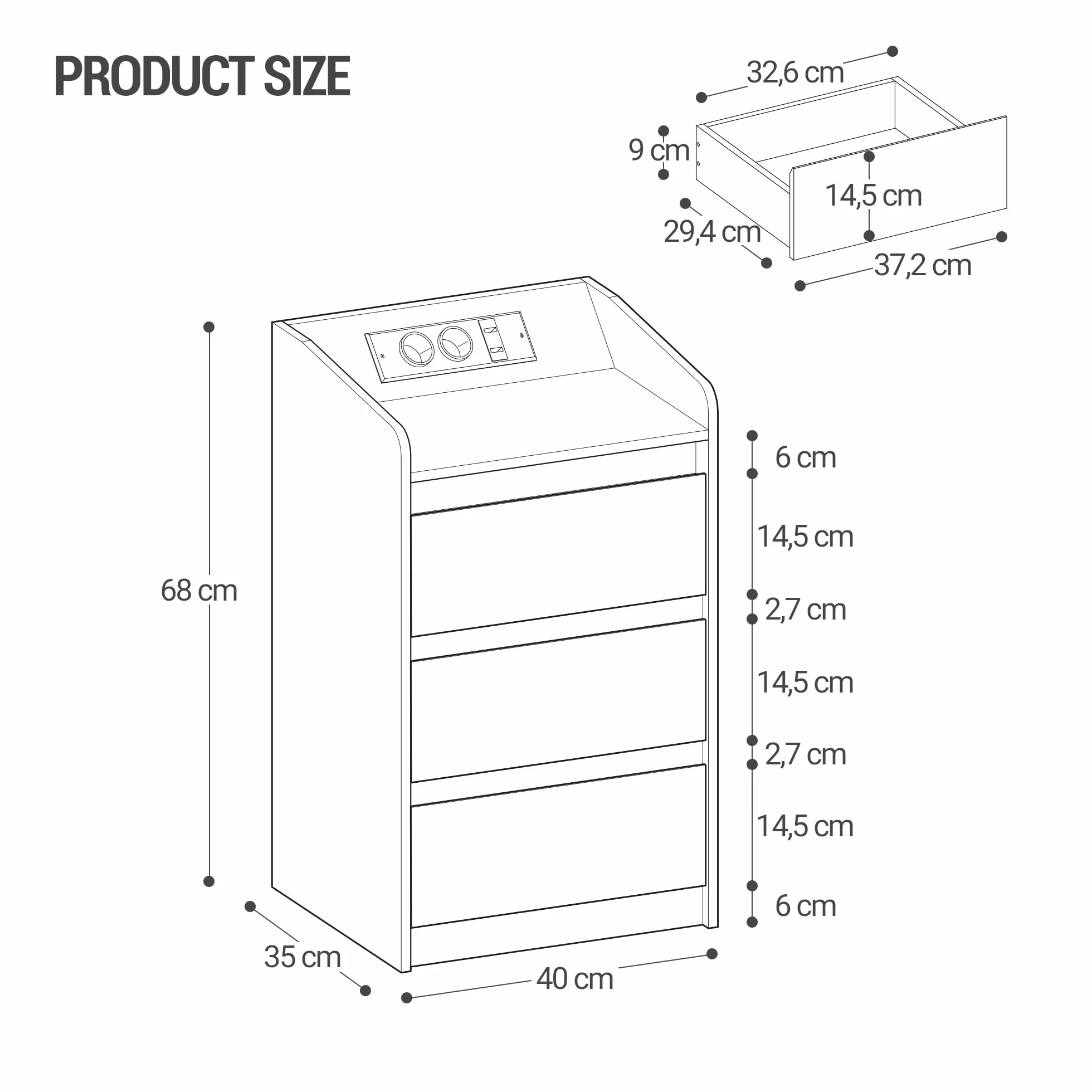Hzuaneri Stolik nocny z 3 szufladami ze stacją ładującą LED, 2 porty AC i 2 USB, Biały, 2 szt