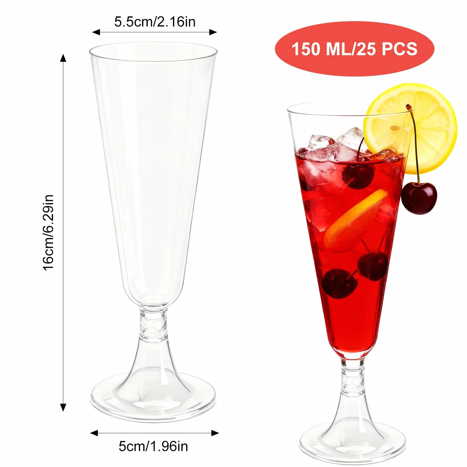 APOMOONS 25 sztuk plastikowych kieliszków do szampana, 150 ml, przezroczyste plastikowe kieliszki do szampana, jednorazowe, na wesela, urodziny, imprezy