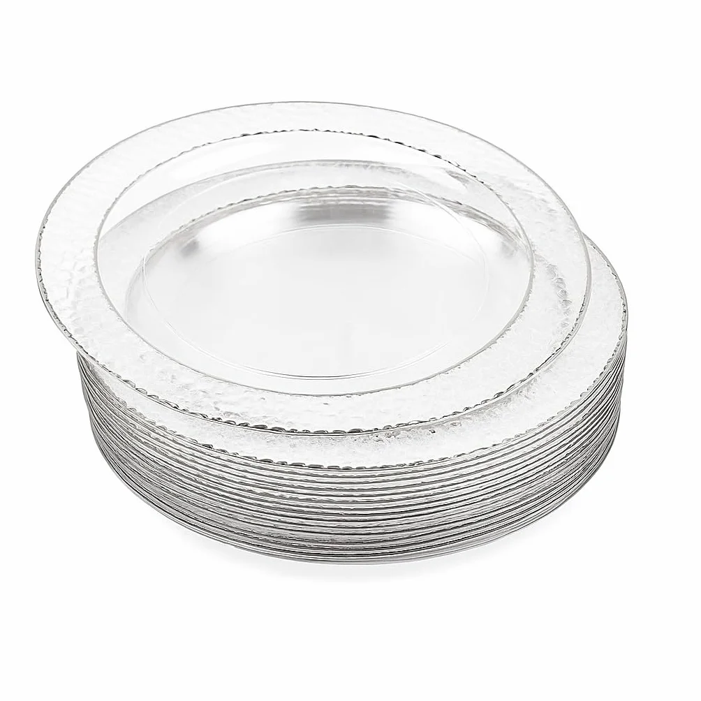 MATANA 20 talerzy wielokrotnego użytku, 19 cm, przezroczyste plastikowe talerze imprezowe, młotkowane srebrne obramowanie, wysokiej jakości, wytrzymałe talerze obiadowe, eleganckie, ozdobne plastikowe