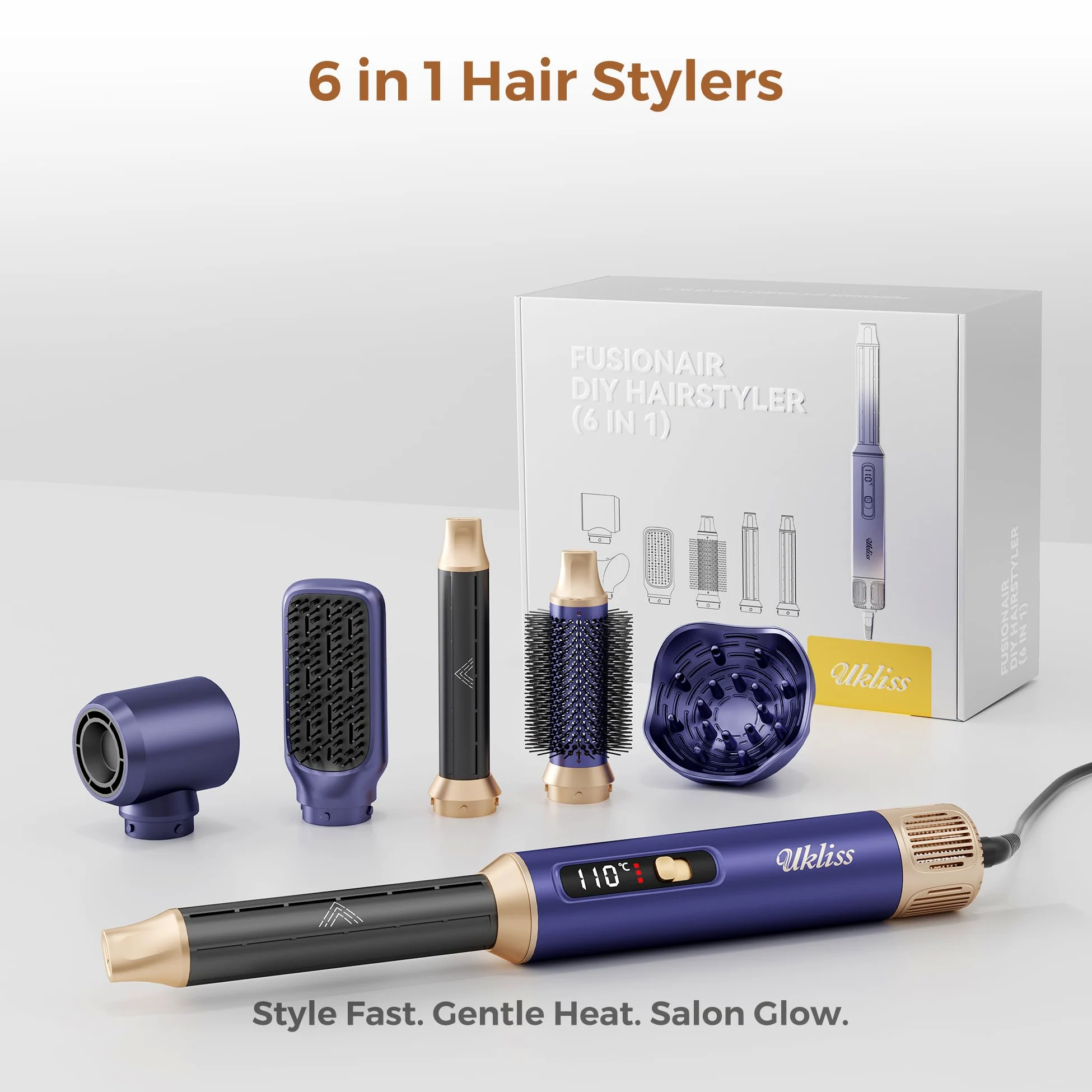 UKLISS Hairstyler 6 w 1 Air Styler Set [z dyfuzorem], Pro Hair Styler Set LCD 1000 W, suszarka do włosów z dyfuzorem, lokówka z okrągłą szczotką, szczotka do włosów, szczotka do włosów, szczotka do
