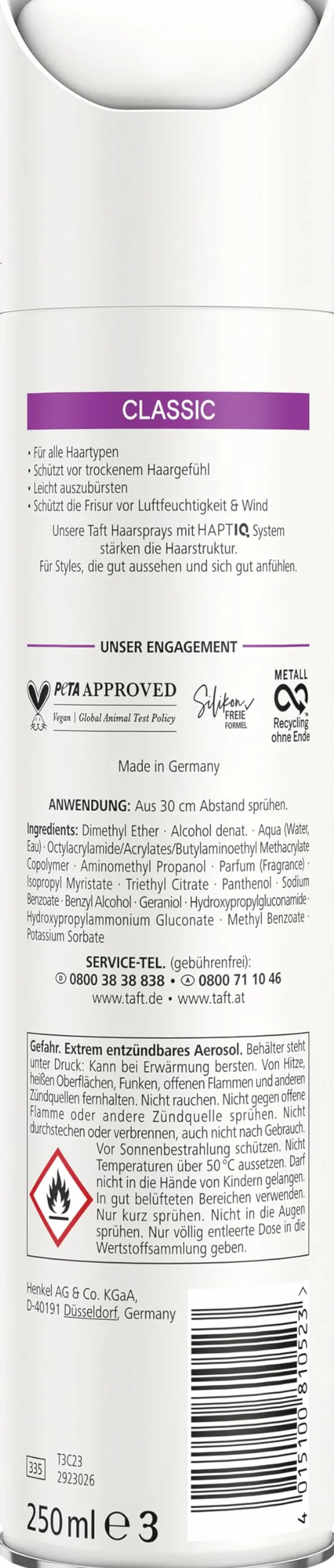 Schwarzkopf Taft Classic lakier do włosów (250 ml), stopień utrwalenia 3 stylizacji włosów, lakier do wszystkich rodzajów włosów, utrwalenie i ochrona, wegańska formuła *
