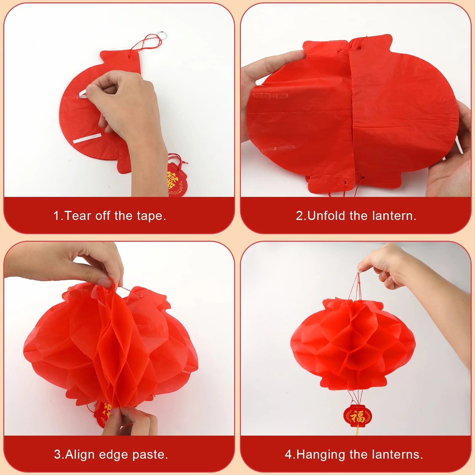 TOYMIS 10 sztuk Czerwone Chińskie Lampiony Ozdoby 40 x 20cm, Red Paper Lanterns “Fu” Dekoracja Festiwalowa na Chiński Nowy Rok Dekoracja na Festiwal Wiosenny