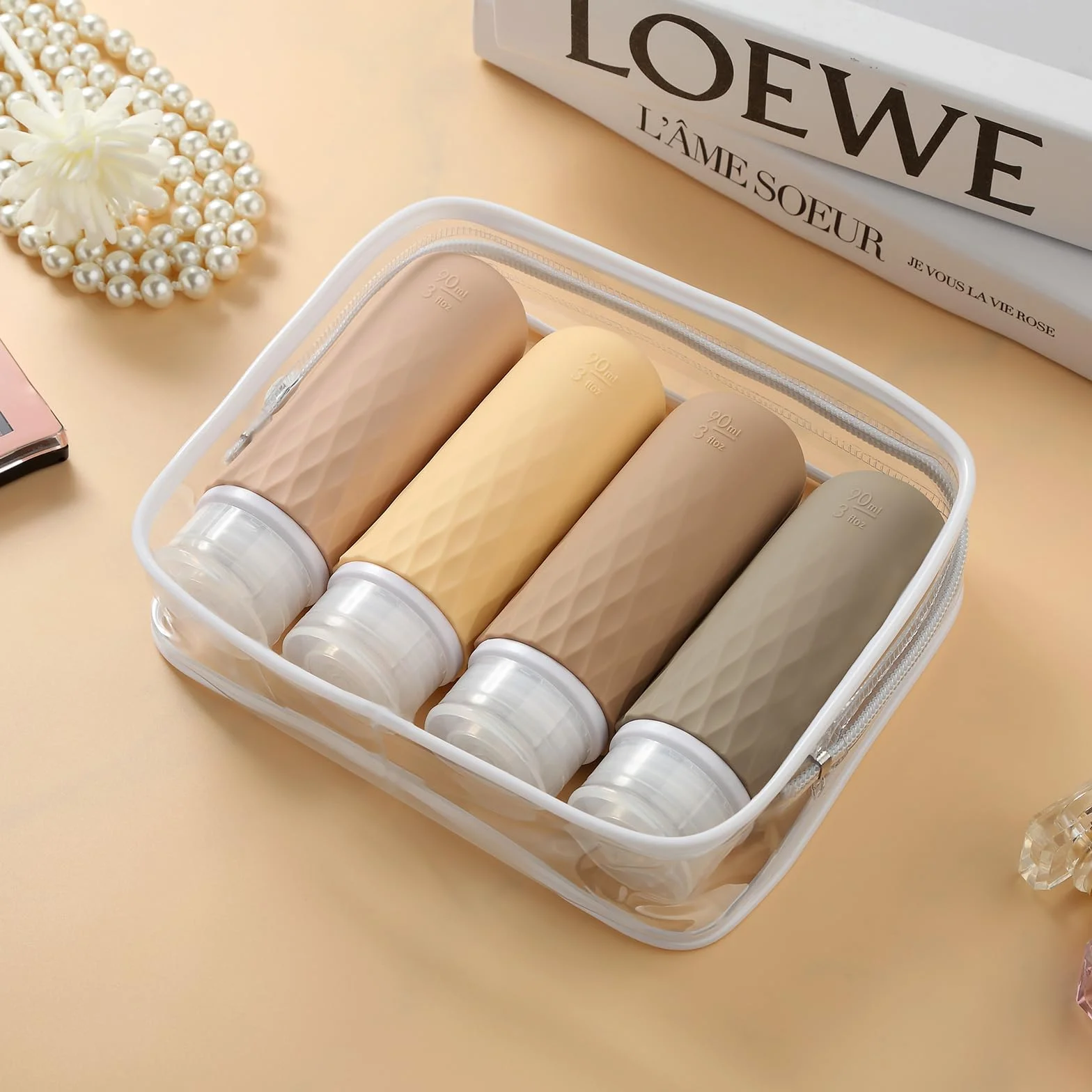 Gemice Silikonowe butelki podróżne 90 ml, 4 sztuki butelek podróżnych do napełniania, nie zawierają BPA, dopuszczone przez FDA, do napełniania żelem pod prysznic, balsamem