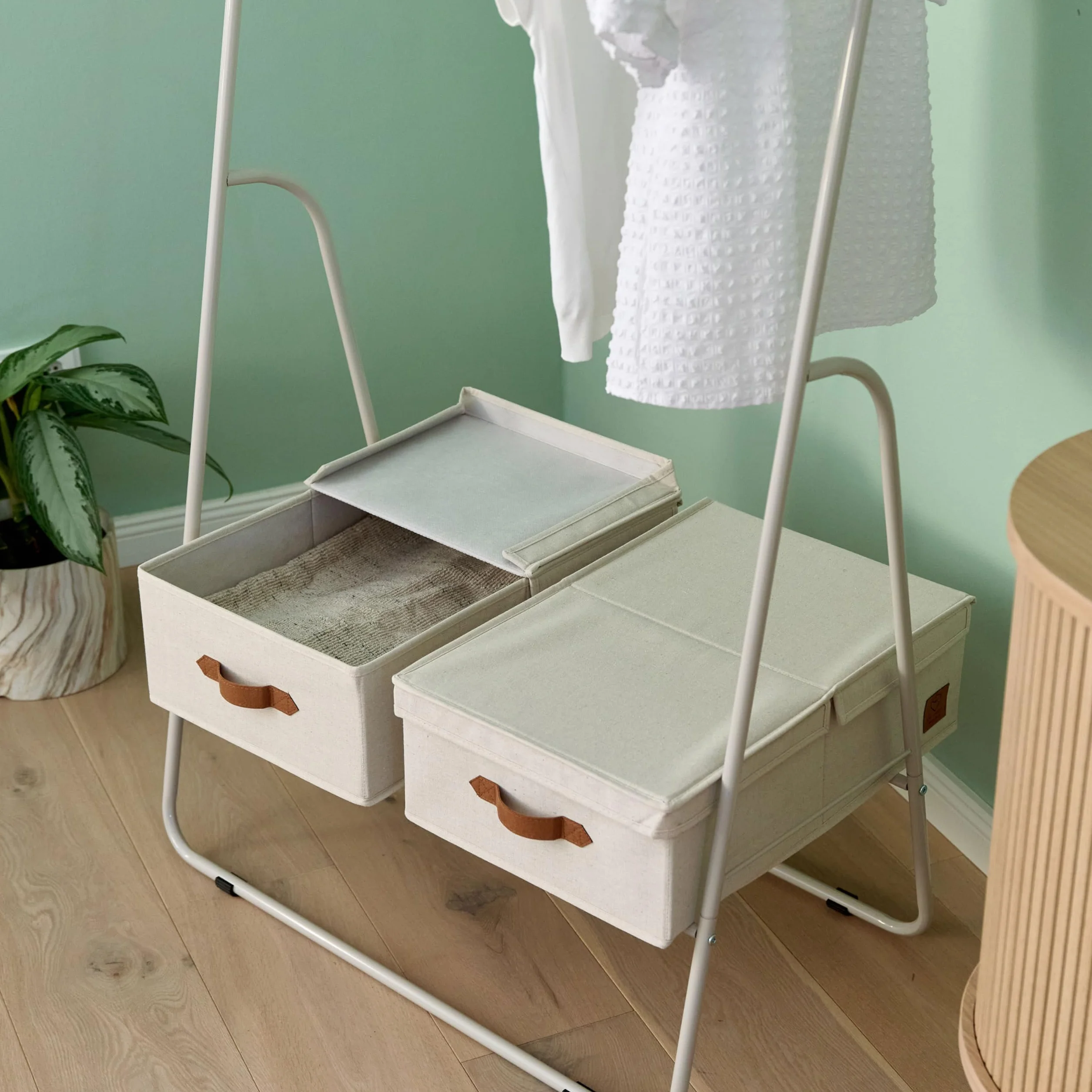 LOVE IT STORE IT Premium pudełko do przechowywania z pokrywką M – z materiału lnianego – zestaw 2 szt. skrzynek średniej wielkości, stabilne, beżowe, 50 x 33 x 16 cm, 2 szt