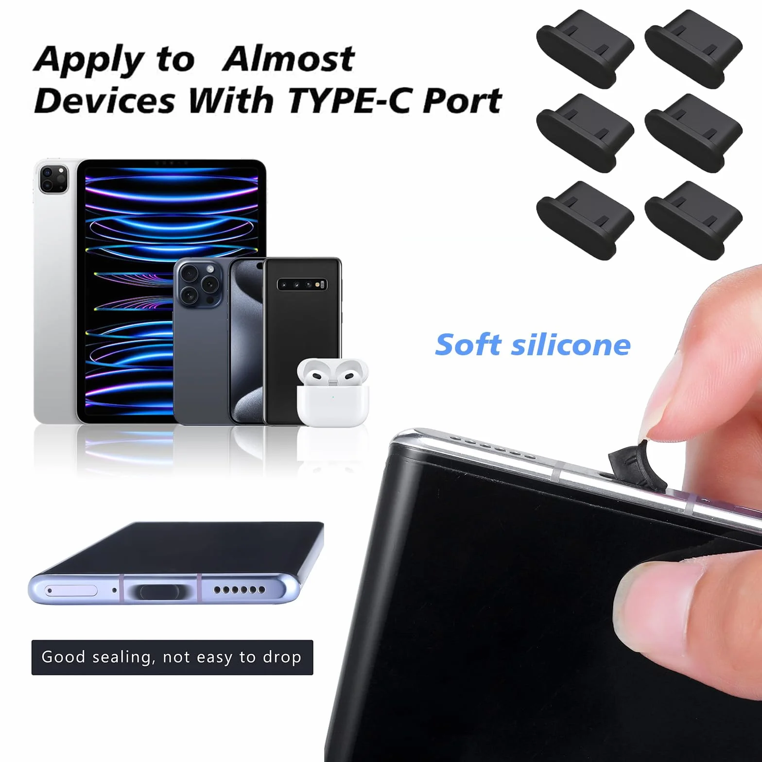 Lilbitty Zestaw 6 szt. osłonek przeciwpyłowych USB-C z dwoma małymi szczotkami do czyszczenia, silikonowe nakładki ochronne do USB 3.1 typu C, uniwersalne do Samsung, Google, Xiaomi i wielu innych