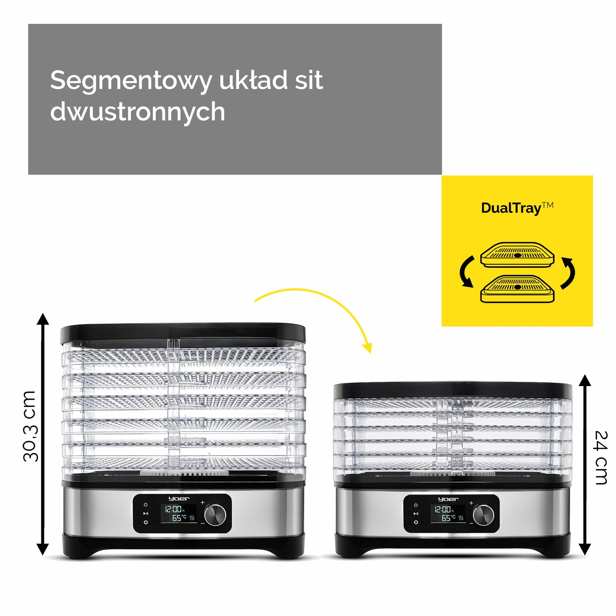 Yoer Suszarka do żywności, Stal nierdzewna, 450W, 6 tacek + 9 akcesoriów, 4725 cm², Timer 24h, wyświetlacz LED, BPA Free, Suszarka do grzybów, owoców i warzyw, dehydrator, VitaSave FD01S