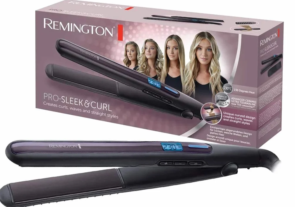 Remington prostownica do włosów, powłoka ceramiczna, smukły kształt umożliwia kręcenie włosów, zakres temp. 150-230°C, szybkie nagrzewanie, moc 57W, czarno-fioletowa, Pro-Sleek&Curl S6505