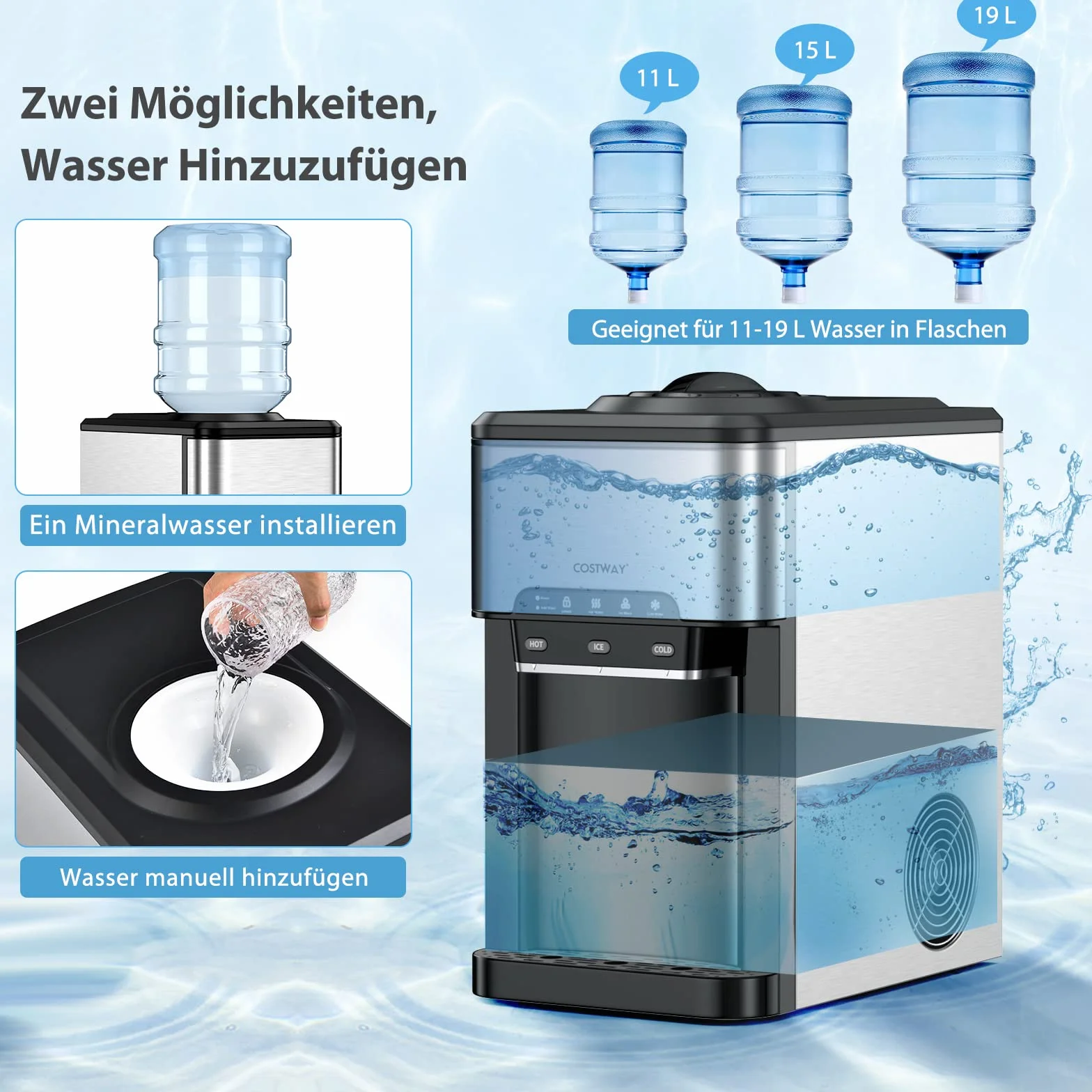 COSTWAY Maszyna do kostek lodu z gorącą i zimną wodą, 3 l, 19 kg/dzień