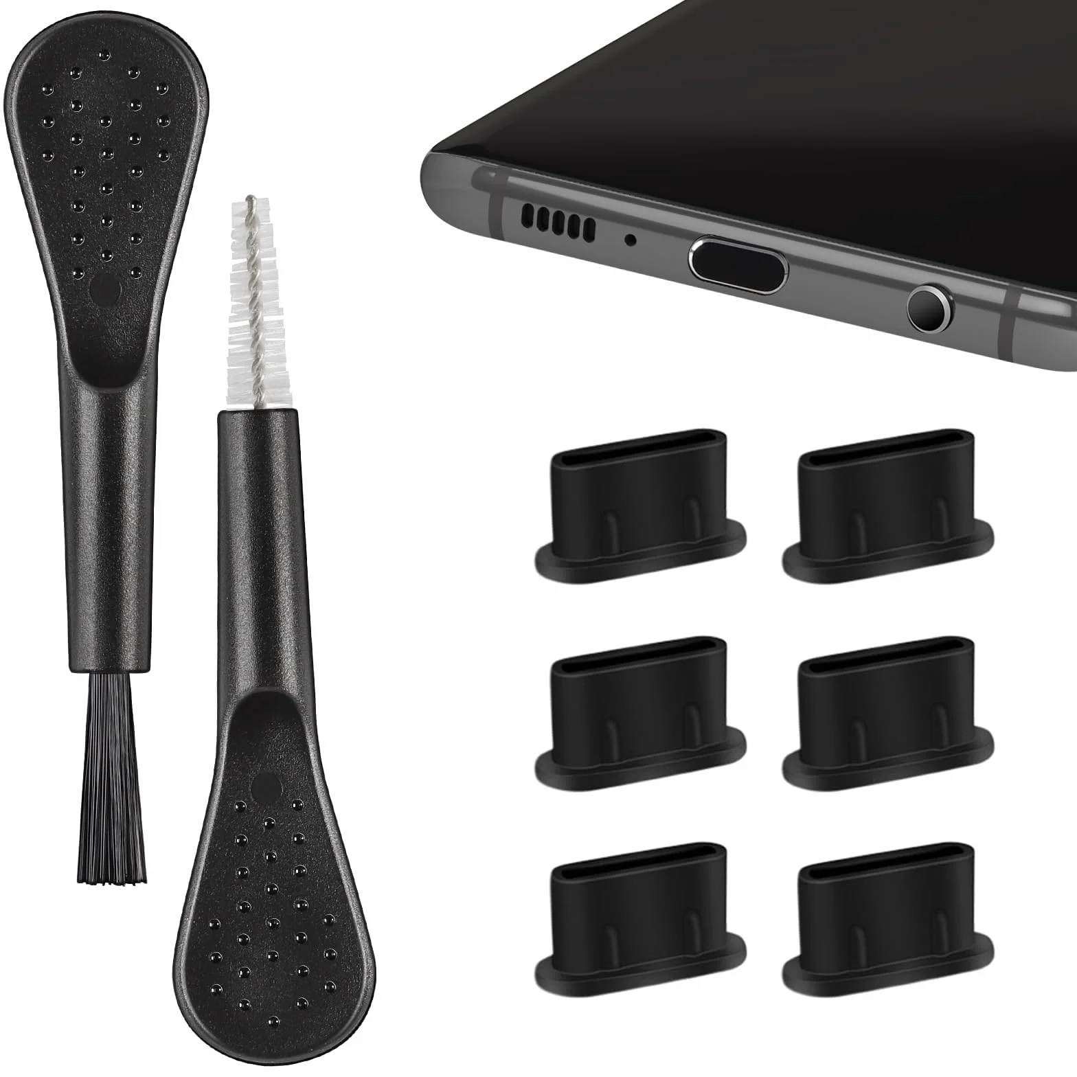 Lilbitty Zestaw 6 szt. osłonek przeciwpyłowych USB-C z dwoma małymi szczotkami do czyszczenia, silikonowe nakładki ochronne do USB 3.1 typu C, uniwersalne do Samsung, Google, Xiaomi i wielu innych