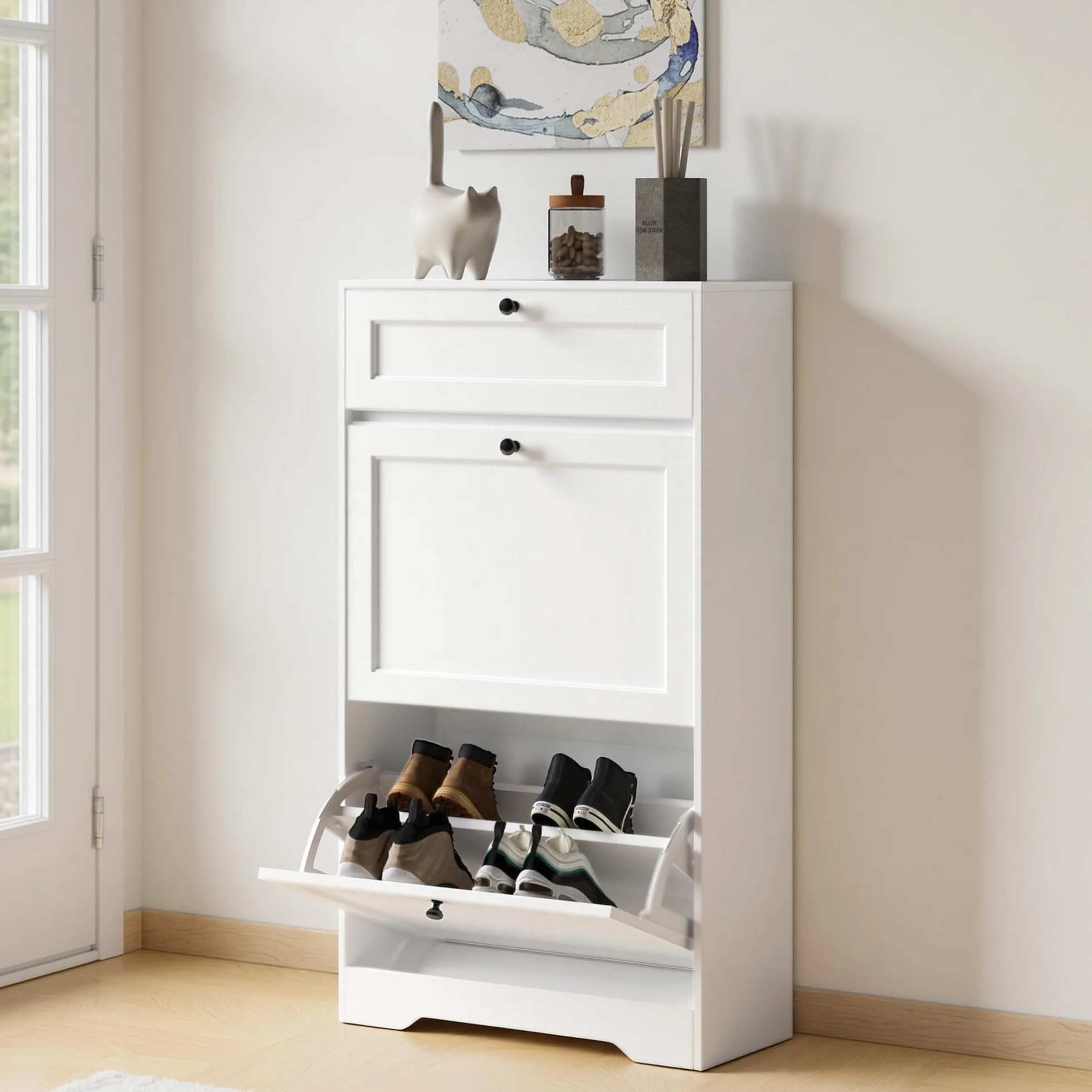 Szafka na buty Xbro 60x24x102 cm biała MDF z szufladą i drzwiami