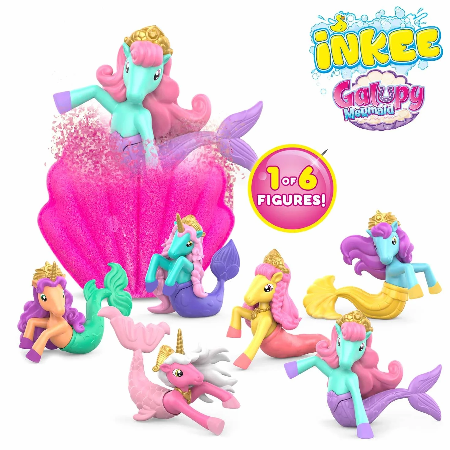 INKEE Surprise GALUPY MERMAID | Bomba do Kąpieli Jednorożca z Niespodzianką, Kule do Kąpieli dla Dzieci w Kształcie Muszli z Figurkami Syreny i Aromatem Waty Cukrowej